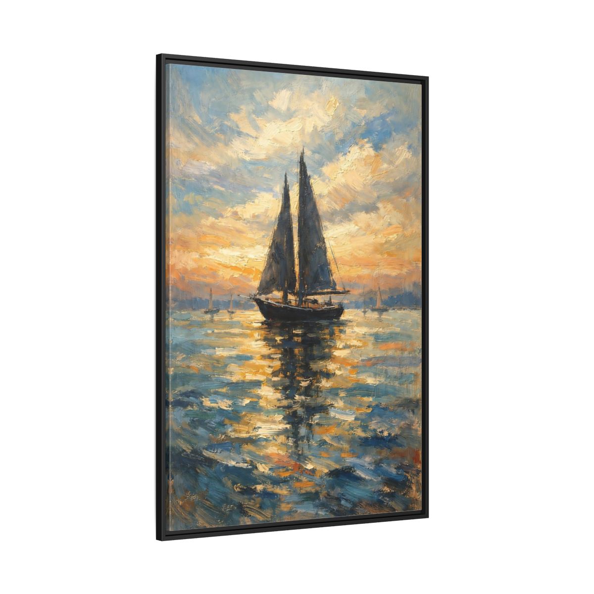 Main Mockup. Nature Sailboat Orange And Blue shown as stretched canvas wall art