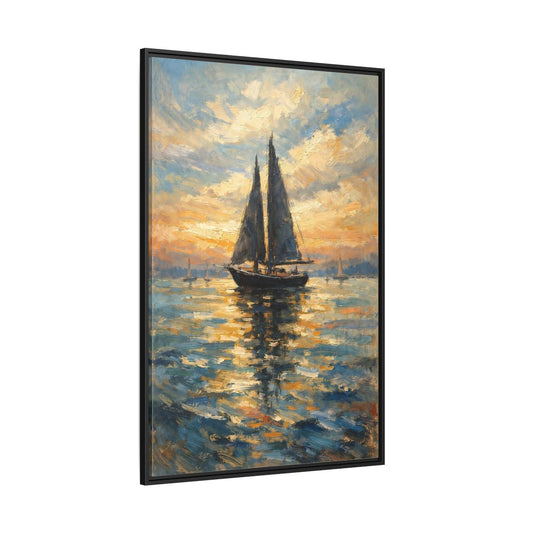 Main Mockup. Nature Sailboat Orange And Blue shown as stretched canvas wall art