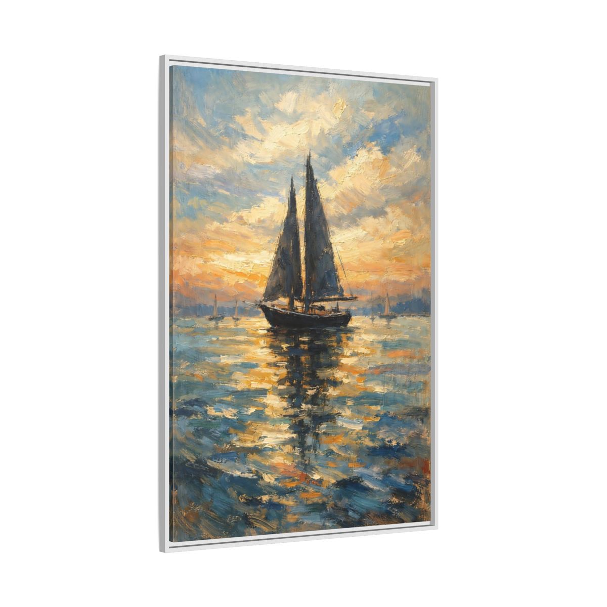 Side Mockup 7. Nature Sailboat Orange And Blue shown as stretched canvas wall art