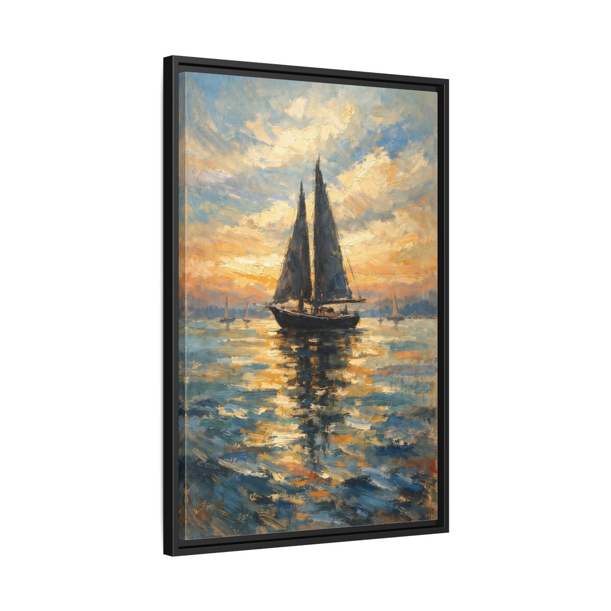 Side Mockup 14. Nature Sailboat Orange And Blue shown as stretched canvas wall art