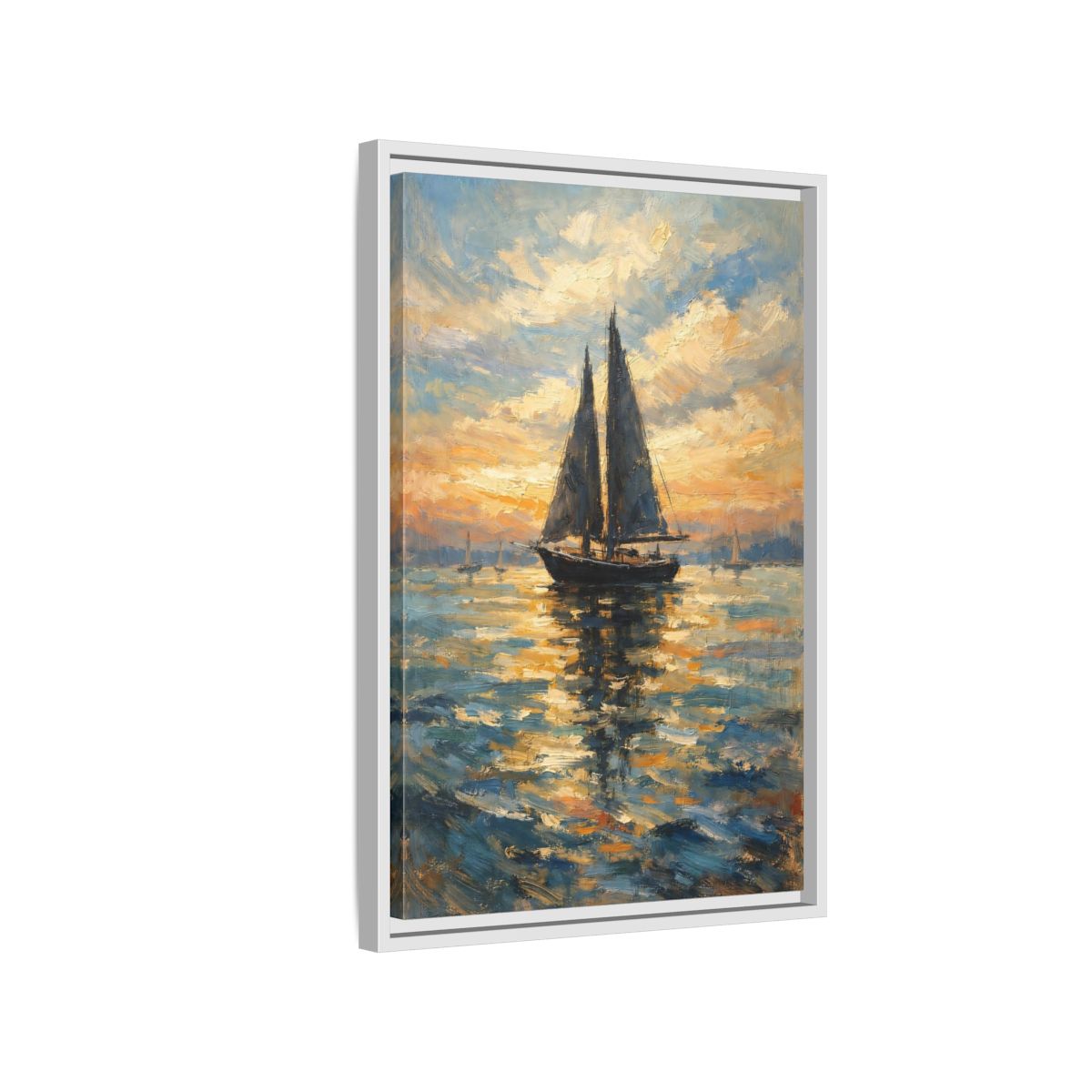 Side Mockup 1. Nature Sailboat Orange And Blue shown as stretched canvas wall art