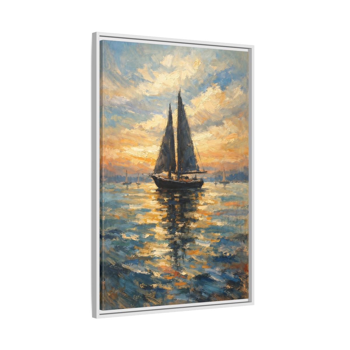Side Mockup 9. Nature Sailboat Orange And Blue shown as stretched canvas wall art