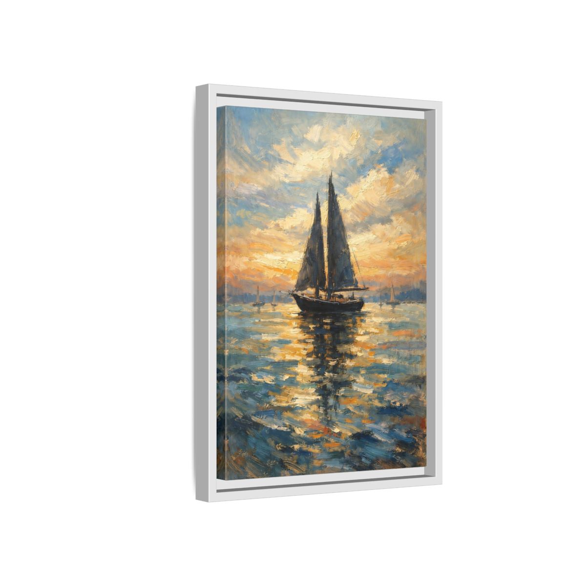Side Mockup 4. Nature Sailboat Orange And Blue shown as stretched canvas wall art