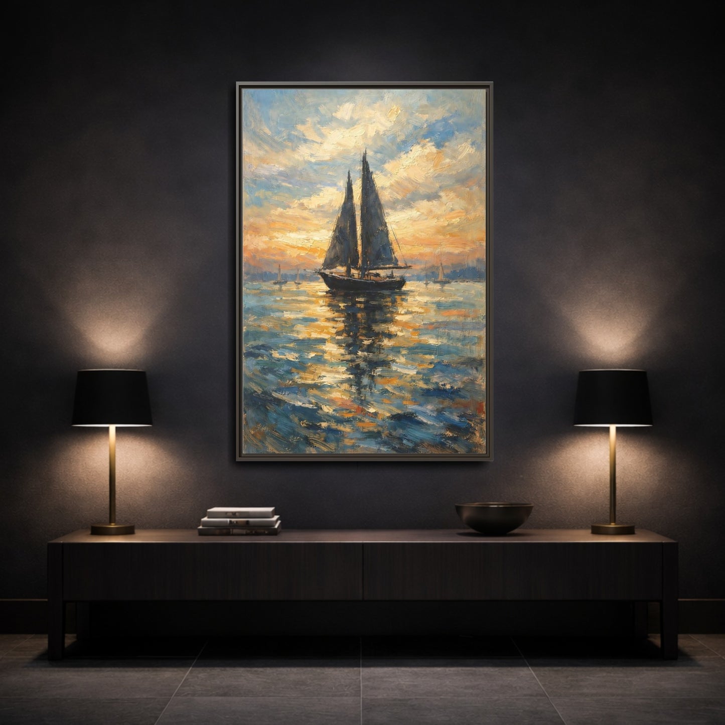 Mockup 2. Nature Sailboat Orange And Blue shown as stretched canvas wall art