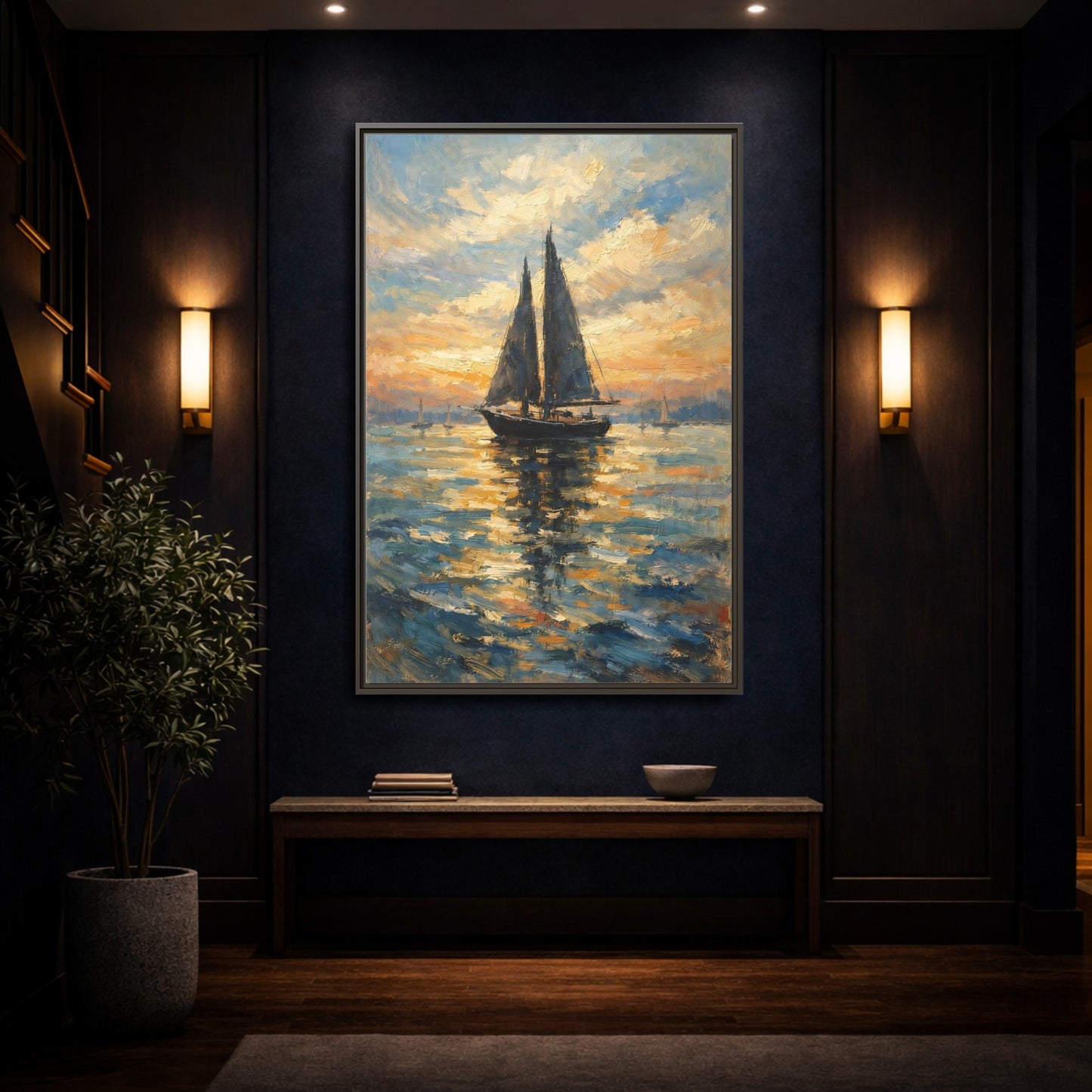 Mockup 3. Nature Sailboat Orange And Blue shown as stretched canvas wall art