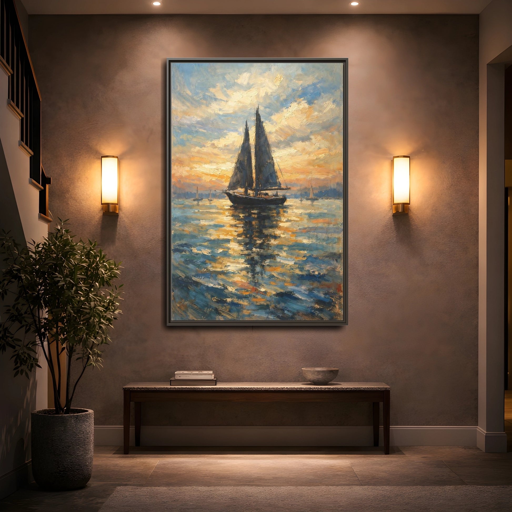Mockup 4. Nature Sailboat Orange And Blue shown as stretched canvas wall art