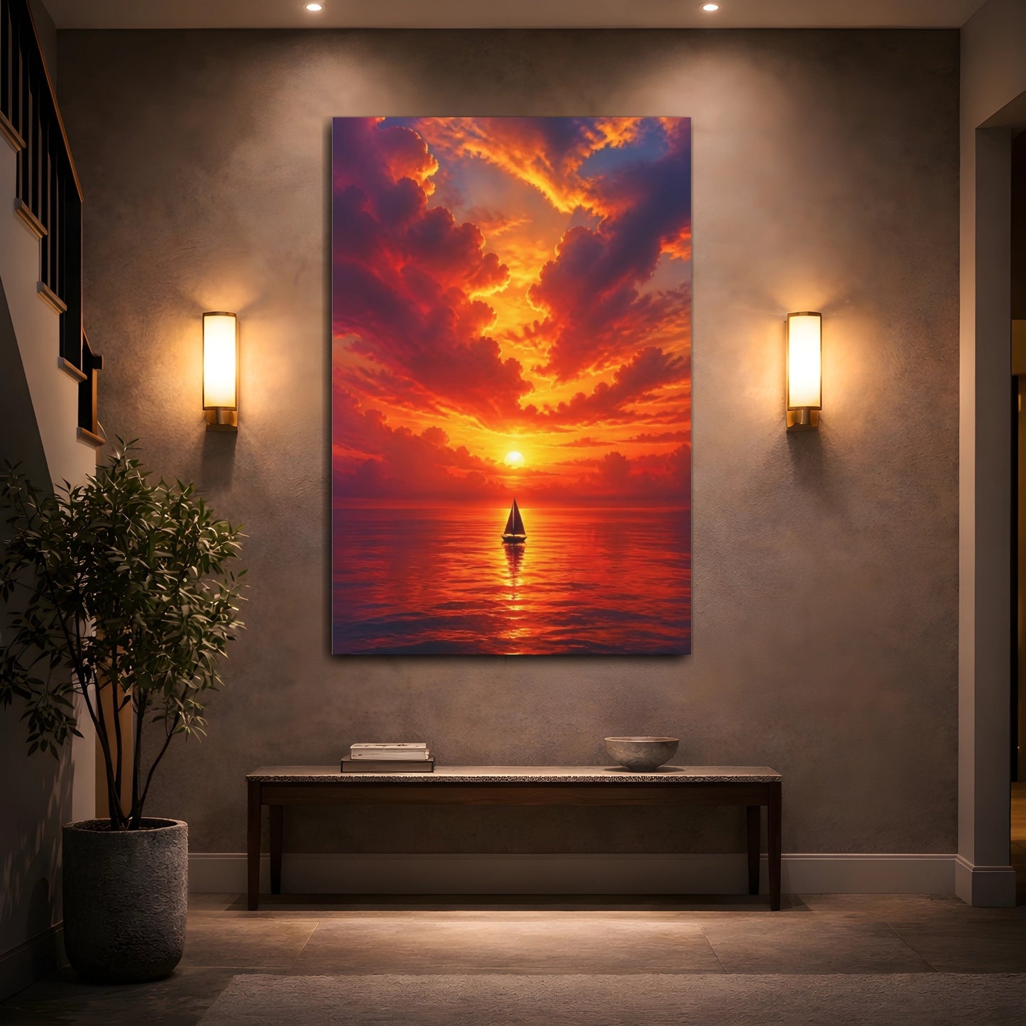 Mockup 2. Nature Sailboat Orange Sunset shown as stretched canvas wall art
