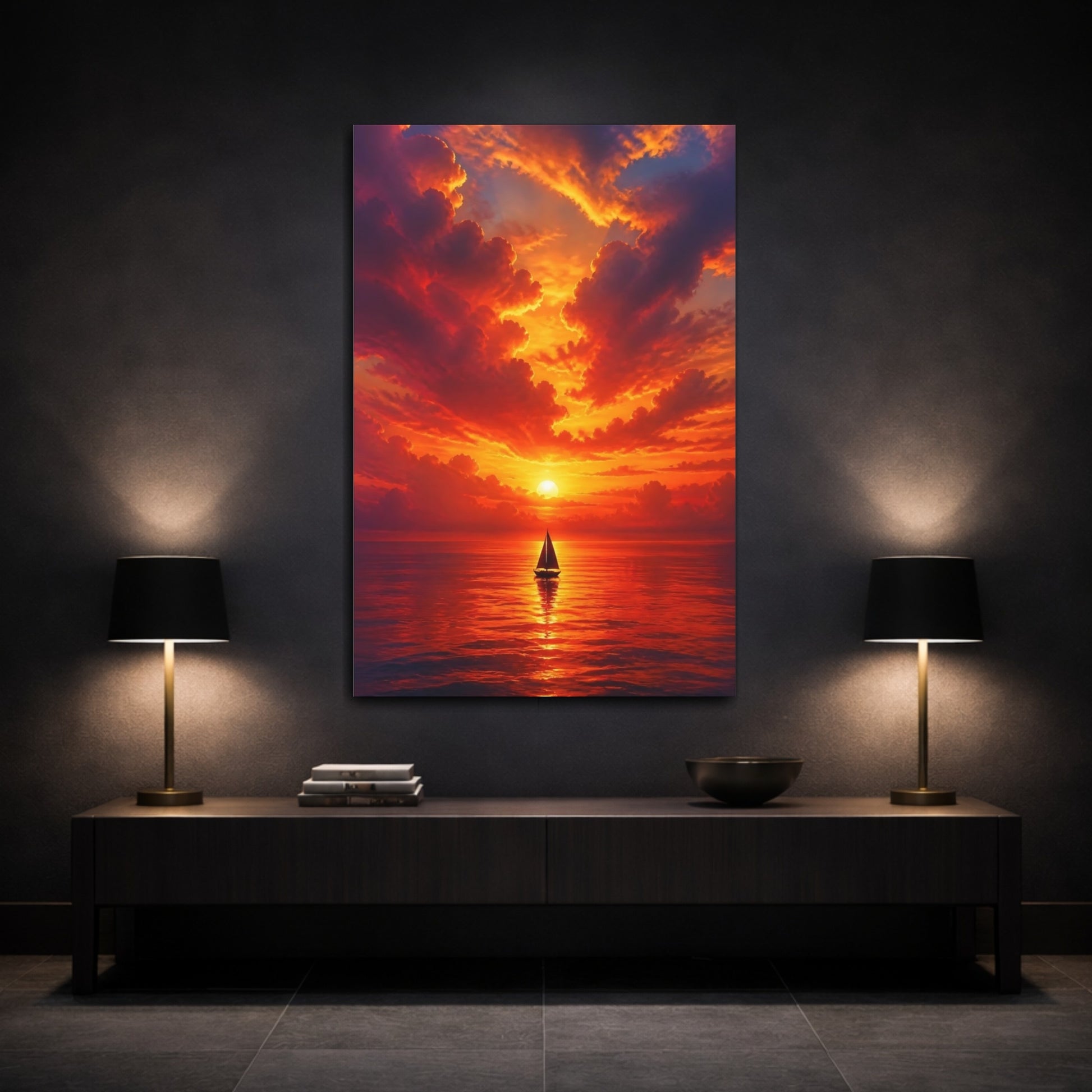 Mockup 3. Nature Sailboat Orange Sunset shown as stretched canvas wall art