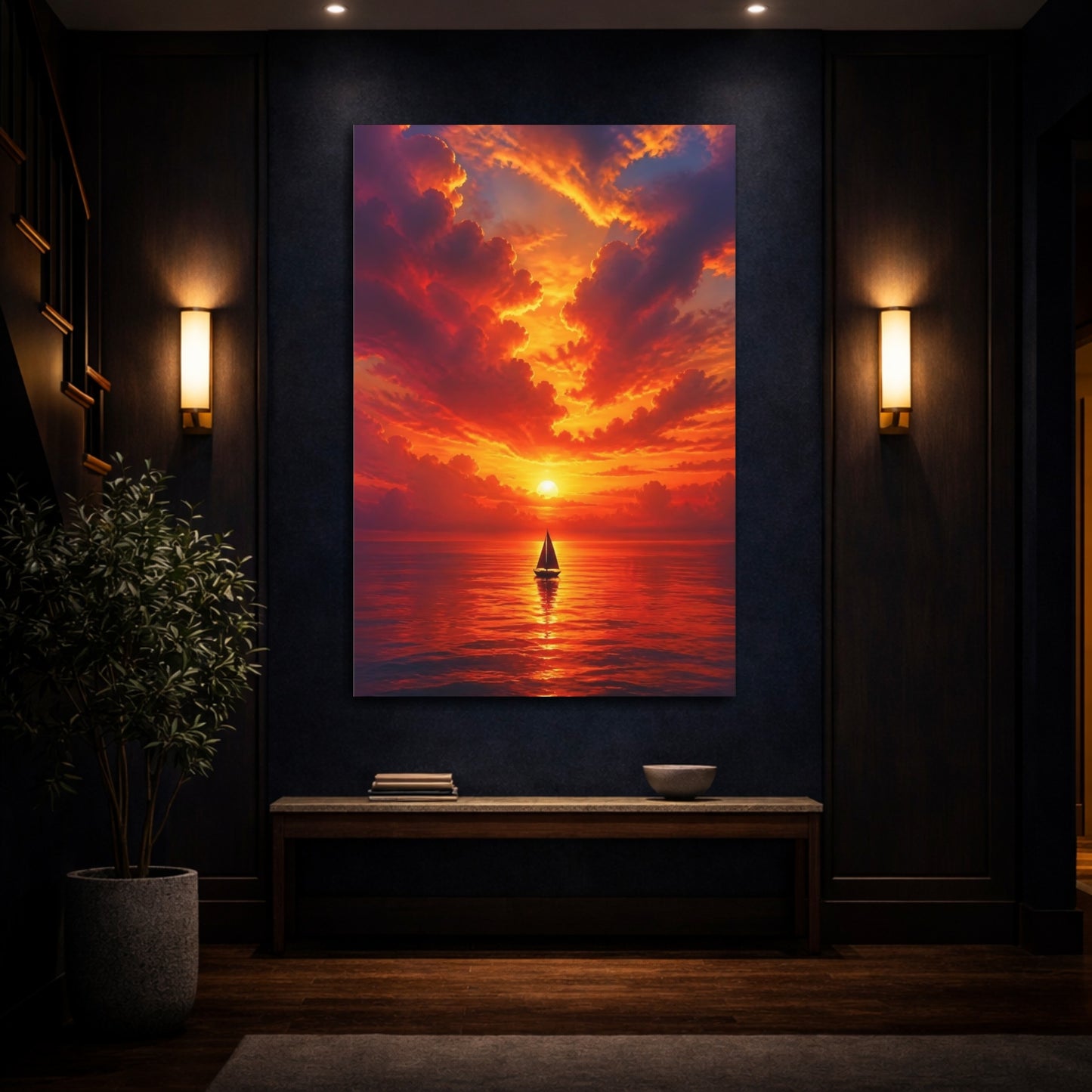 Mockup 4. Nature Sailboat Orange Sunset shown as stretched canvas wall art