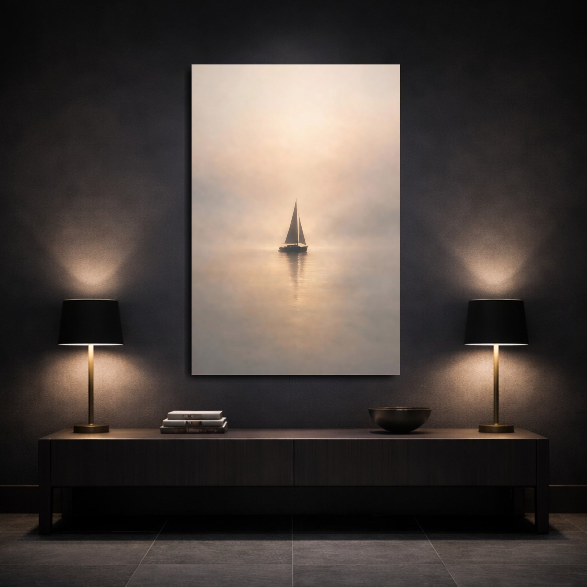 Mockup 2. Nature Sailboat Sailboat Mist shown as stretched canvas wall art