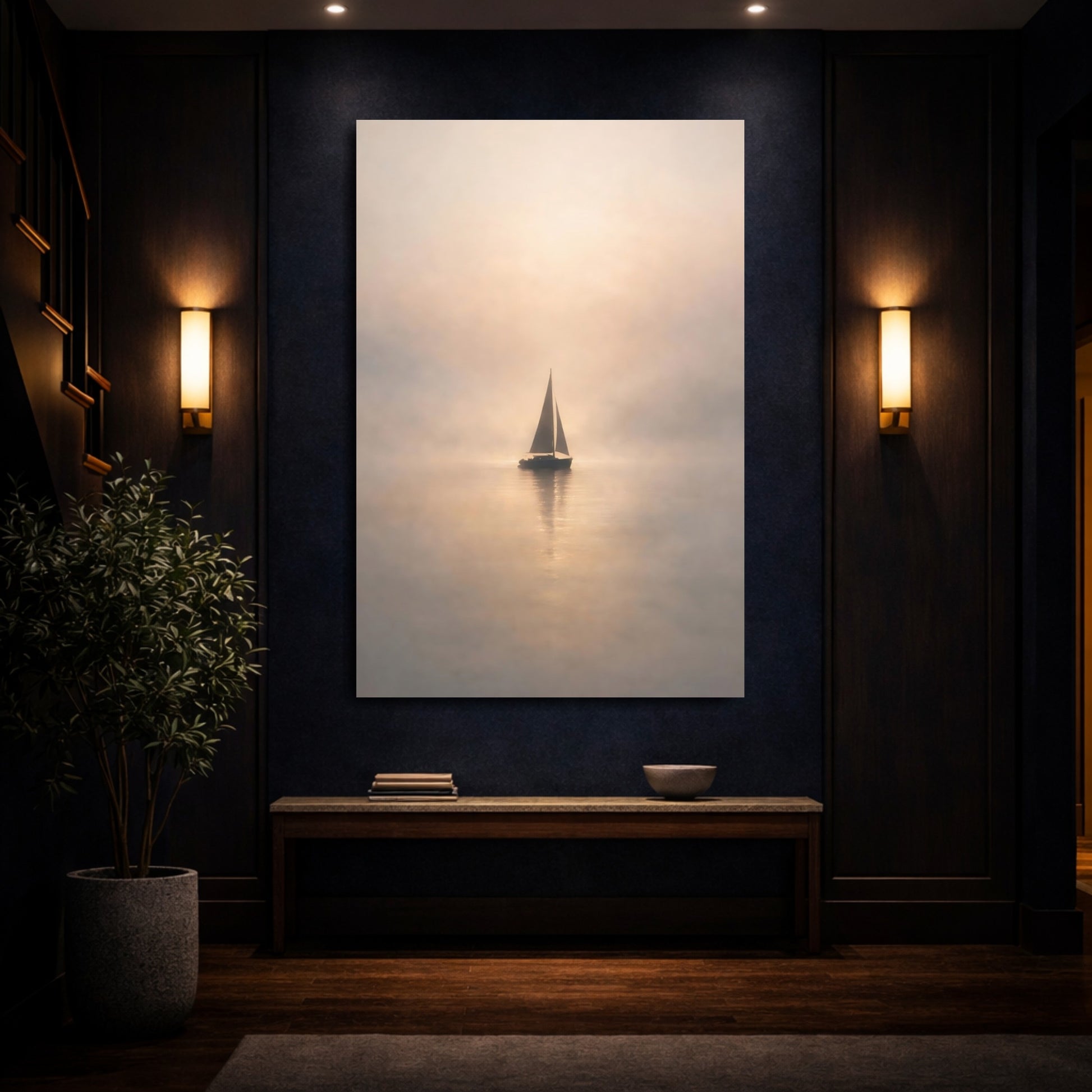 Mockup 3. Nature Sailboat Sailboat Mist shown as stretched canvas wall art