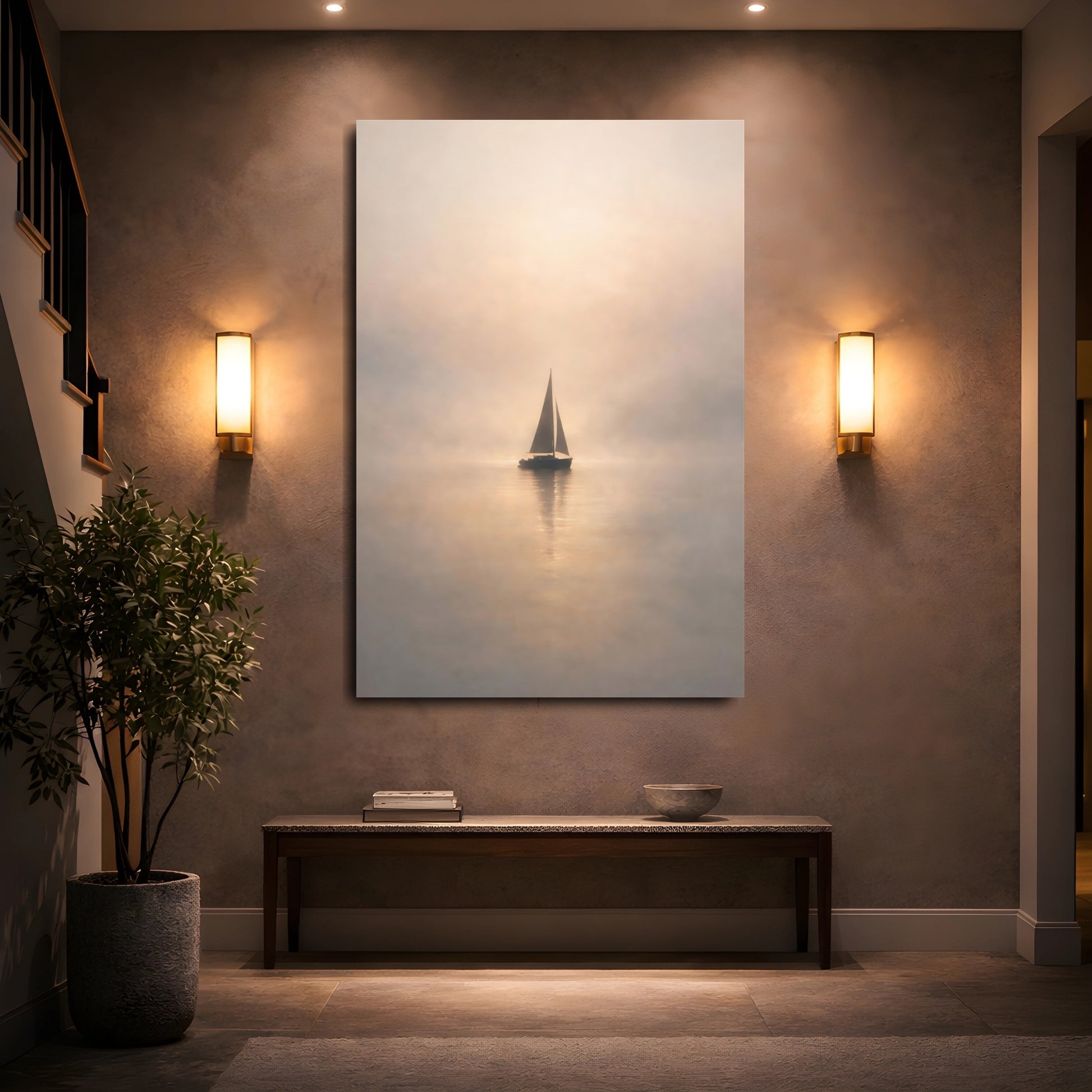 Mockup 4. Nature Sailboat Sailboat Mist shown as stretched canvas wall art