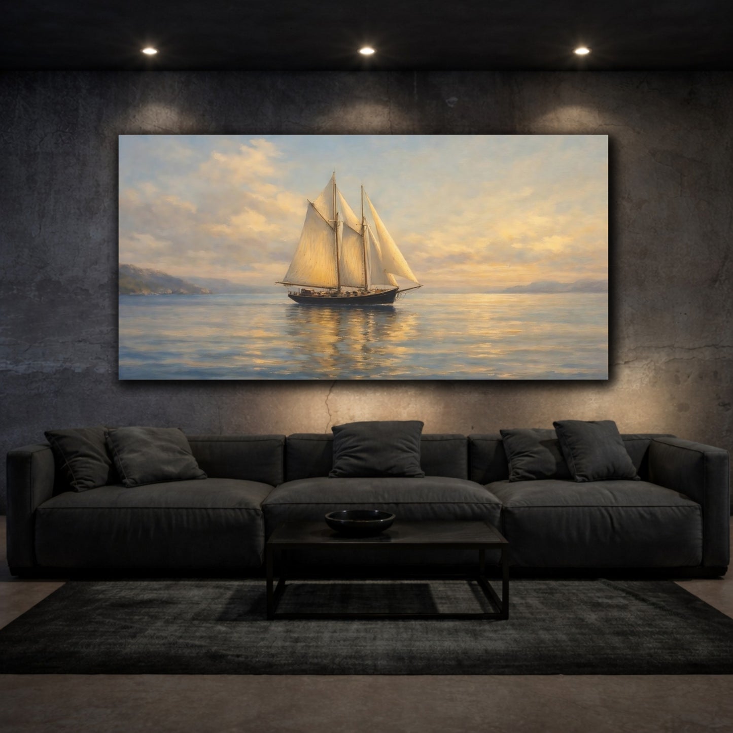 Mockup 2. Nature Sailboat Seascape Sunset shown as stretched canvas wall art