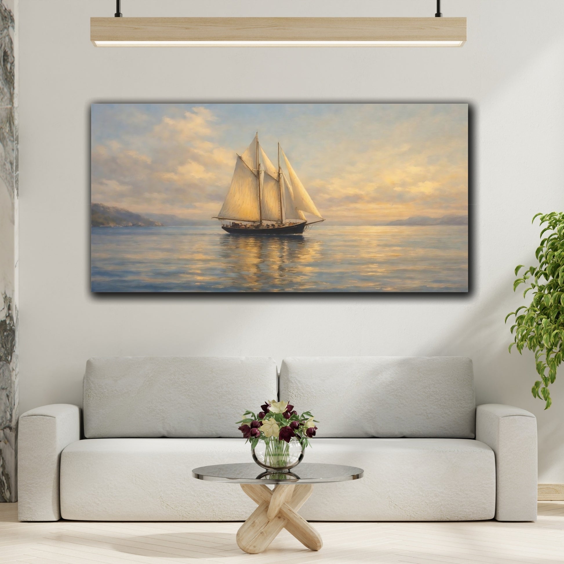 Mockup 3. Nature Sailboat Seascape Sunset shown as stretched canvas wall art