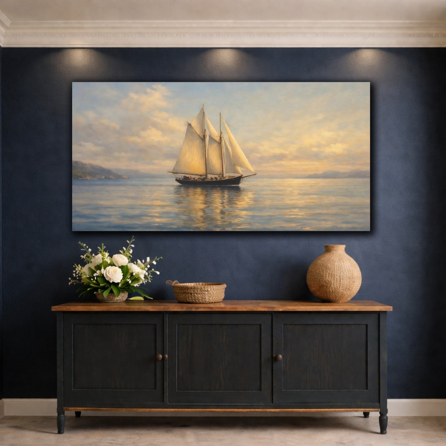 Mockup 4. Nature Sailboat Seascape Sunset shown as stretched canvas wall art
