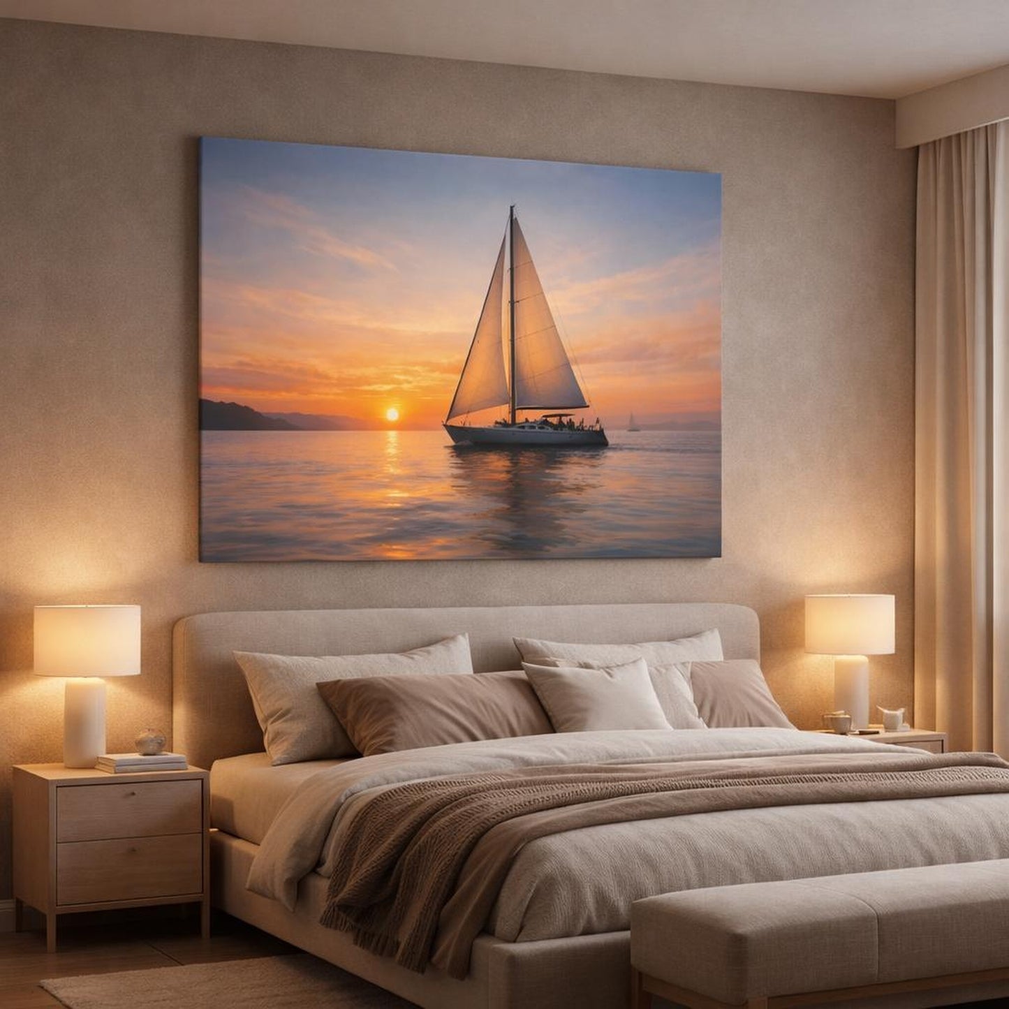 Nature Sailboat Sunset shown as canvas wall art in a luxury bedroom