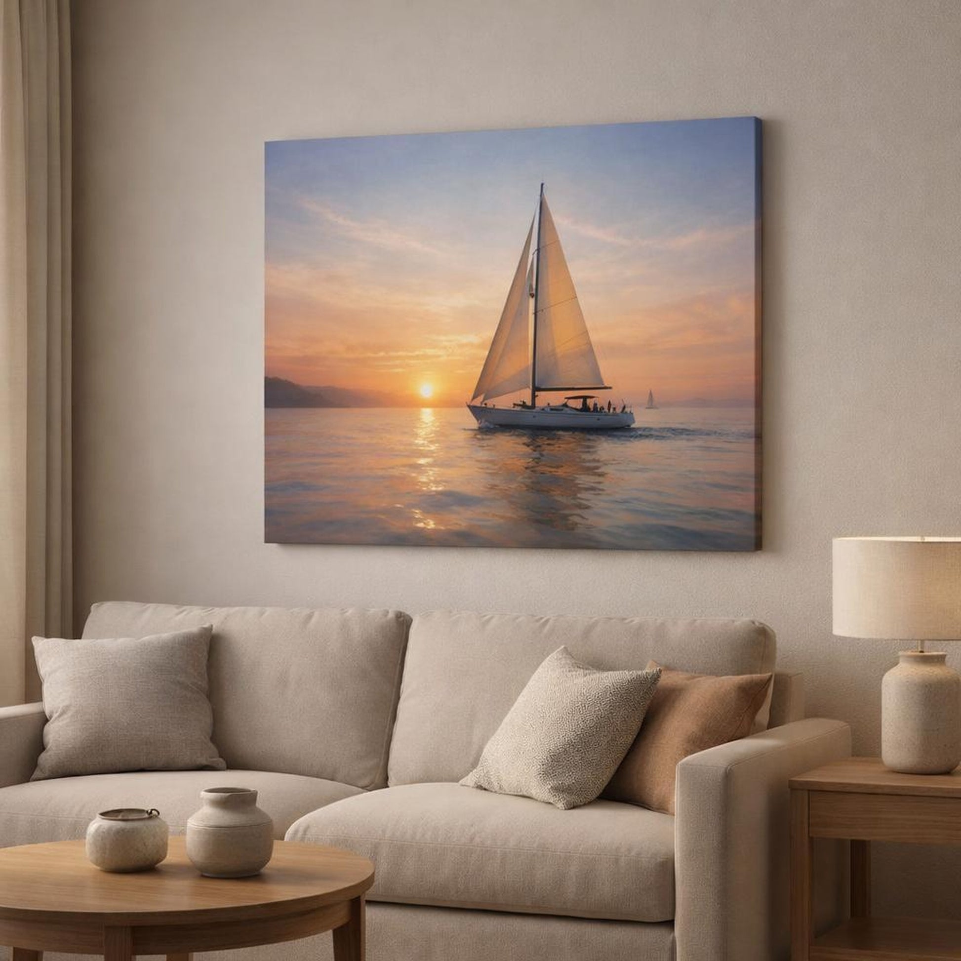 Nature Sailboat Sunset shown as canvas wall art in a modern living room