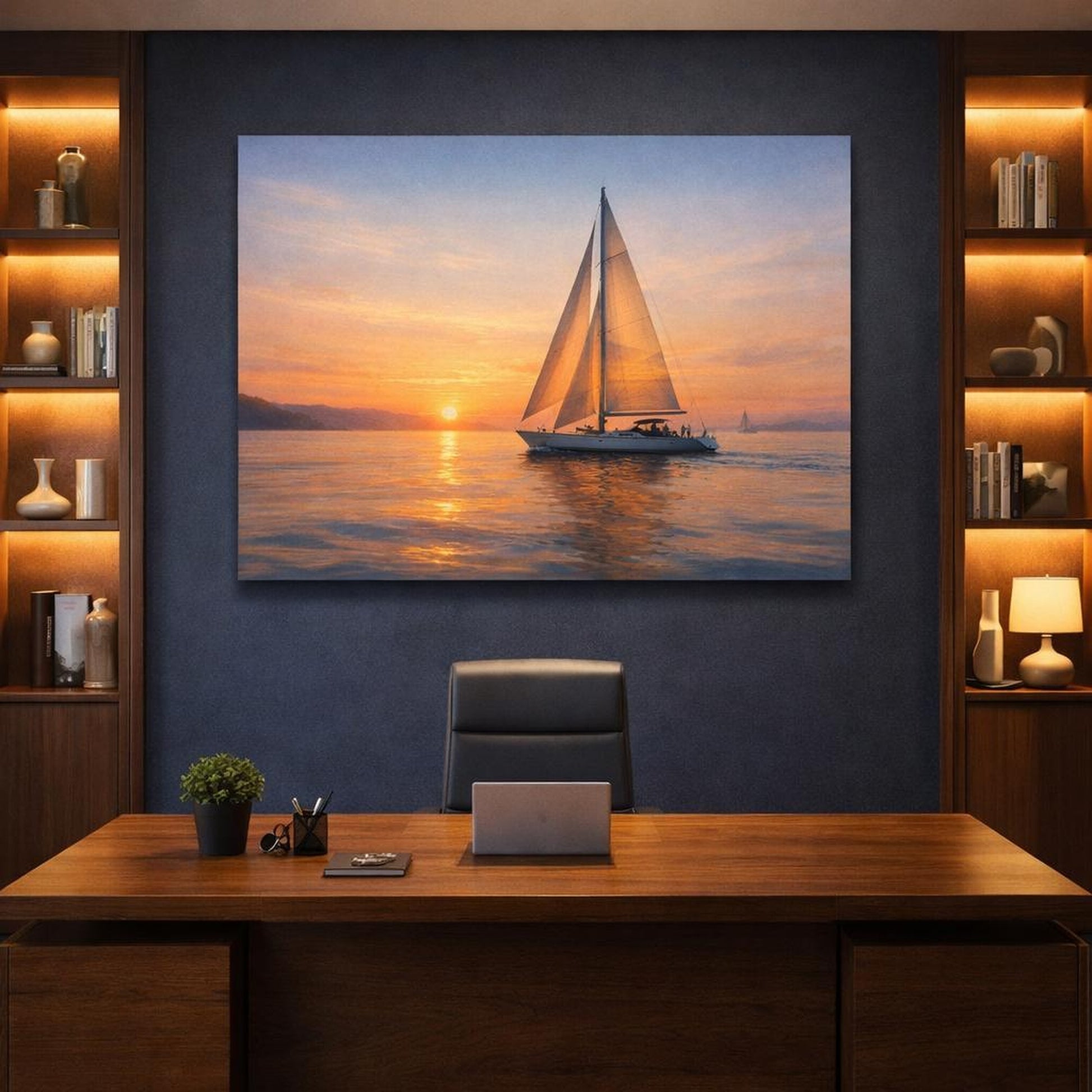 Nature Sailboat Sunset shown as canvas wall art in a refined dining room