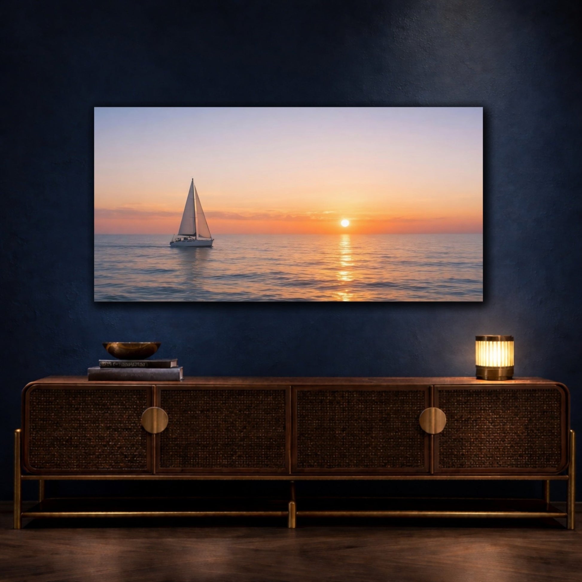 Nature Sailboat Sunset Orange Blue - Canvas Wall Art Print - YesArtYes