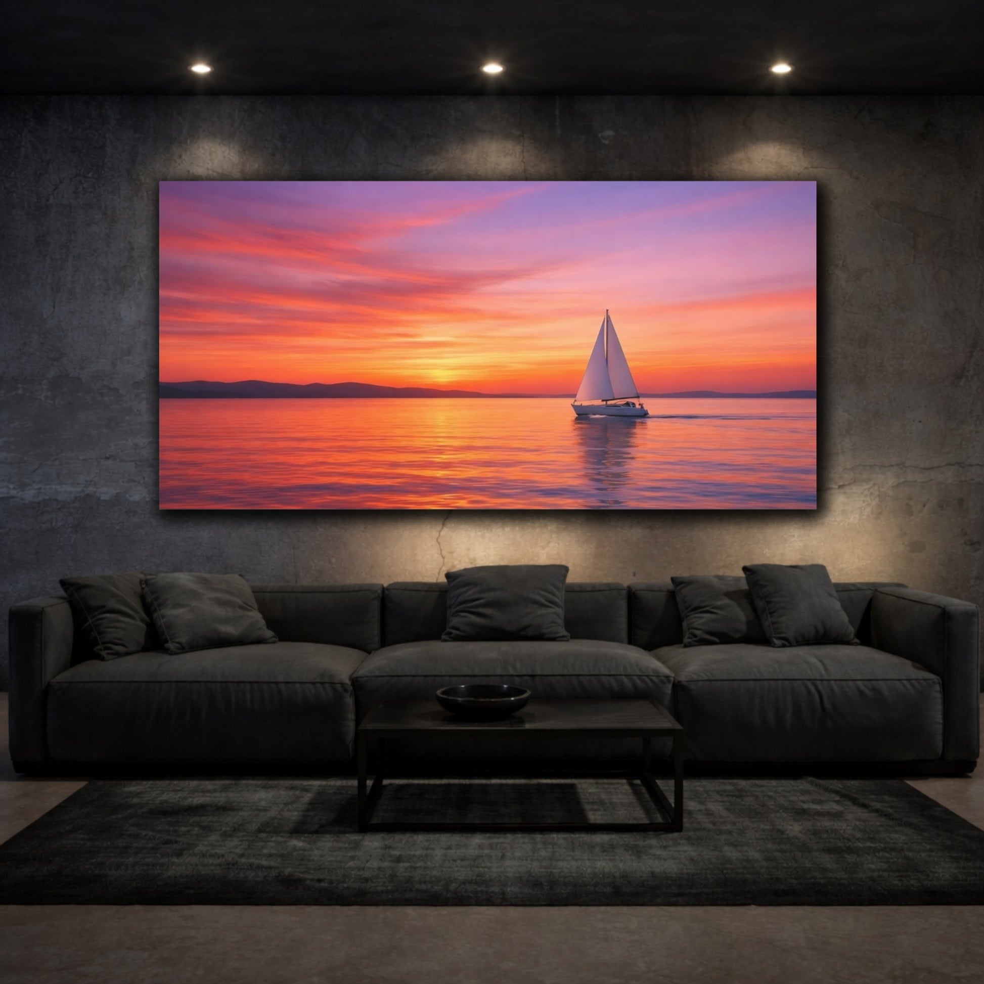 Mockup 2. Nature Sailboat Sunset Sailboat shown as stretched canvas wall art