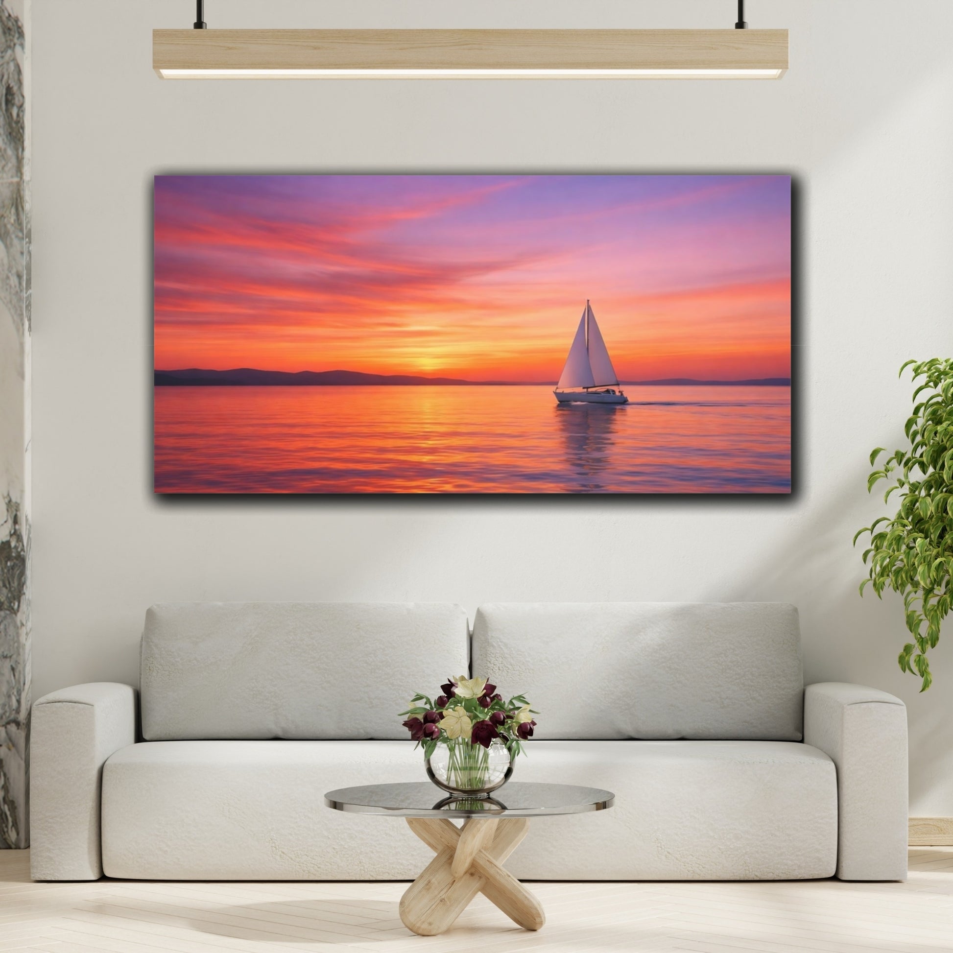 Mockup 3. Nature Sailboat Sunset Sailboat shown as stretched canvas wall art