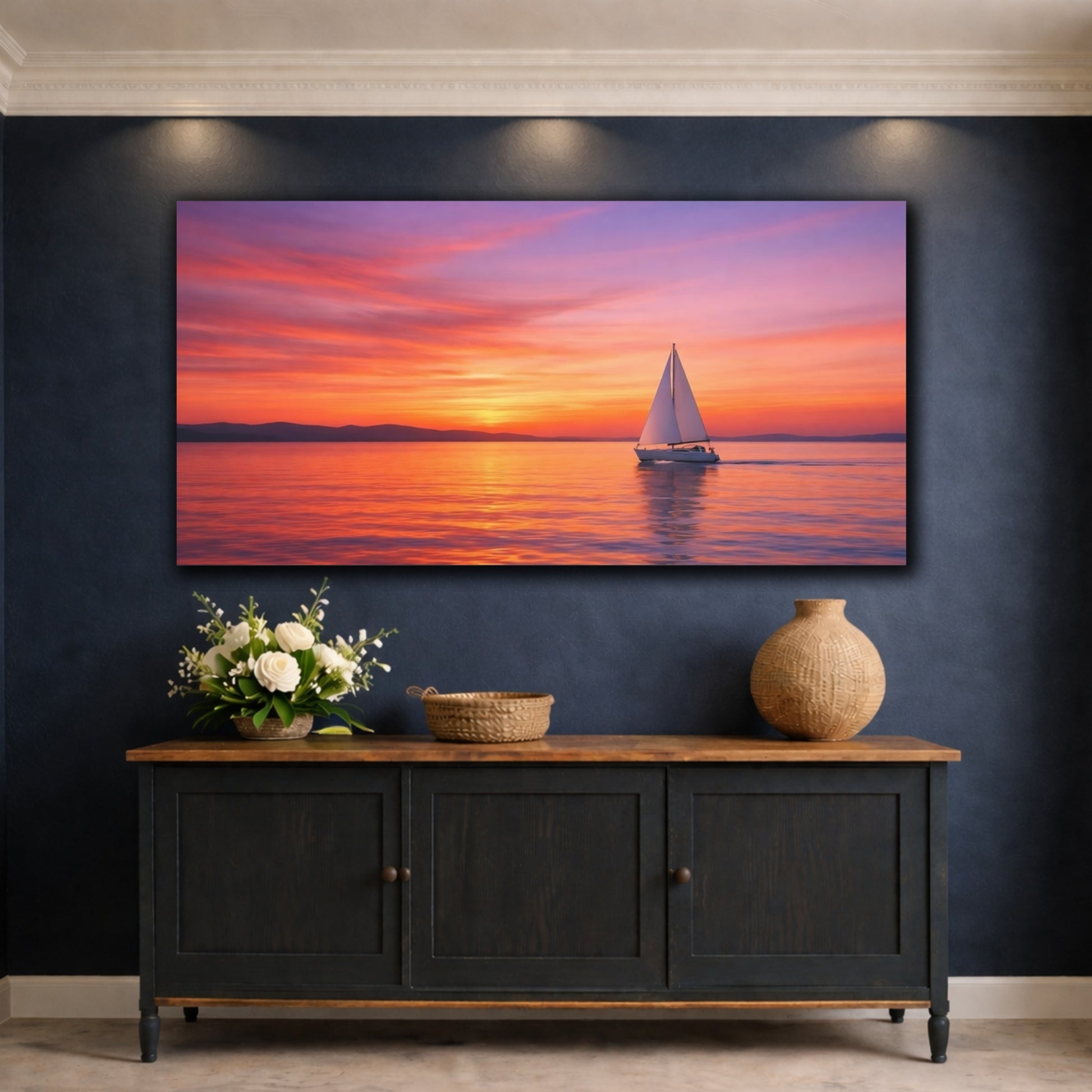 Mockup 4. Nature Sailboat Sunset Sailboat shown as stretched canvas wall art