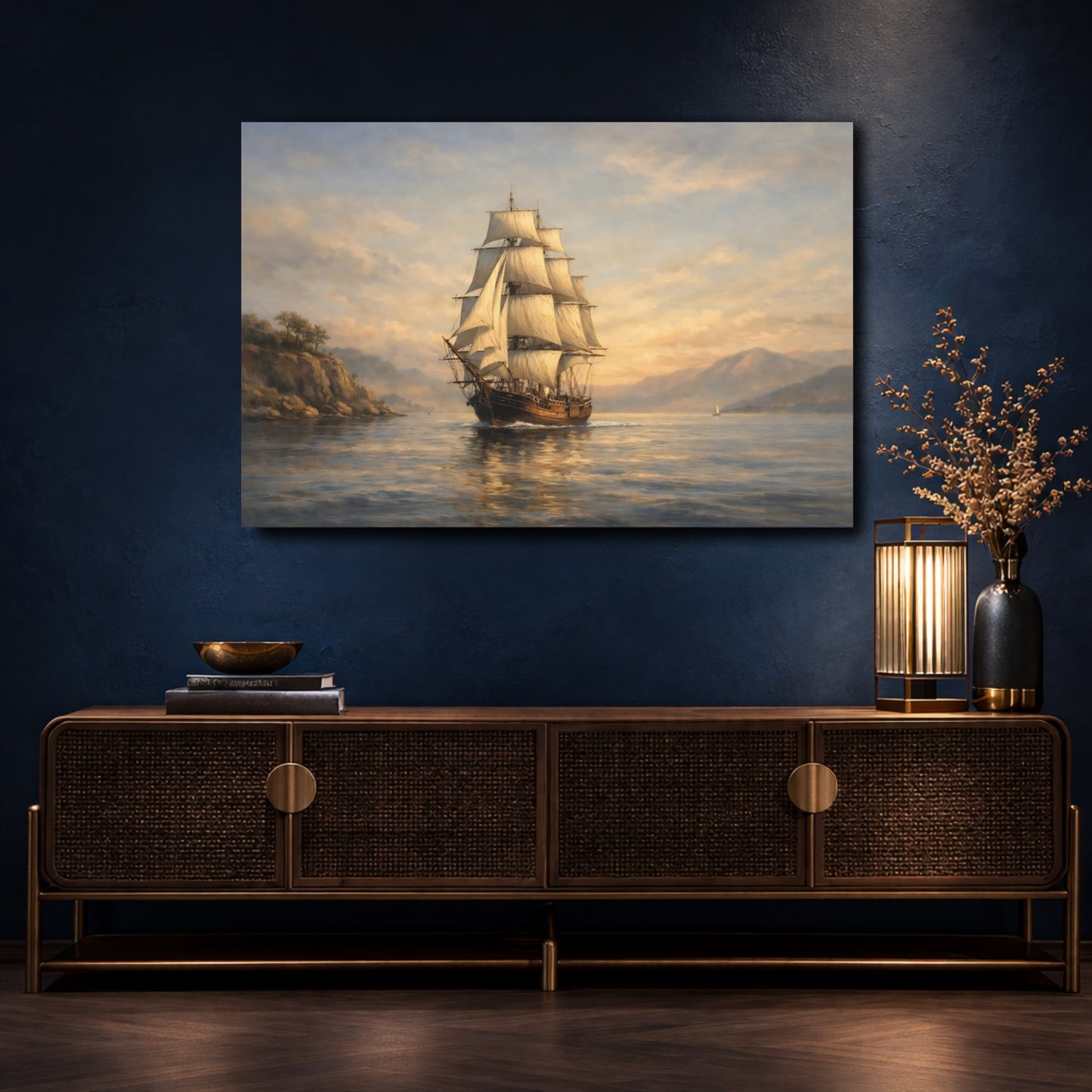 Mockup 4. Nature Sailing Ship Coastal Sailing shown as stretched canvas wall art