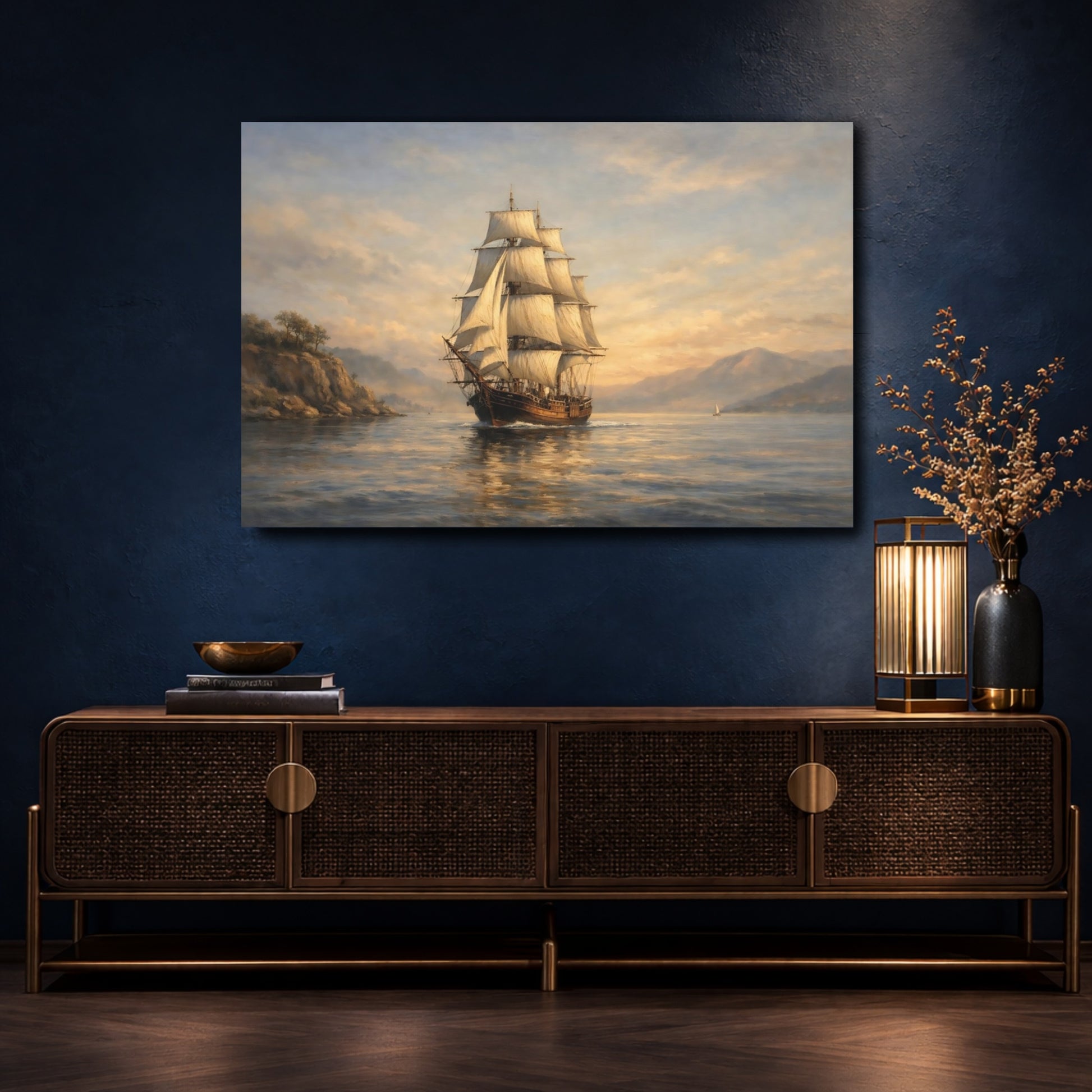 Mockup 4. Nature Sailing Ship Coastal Sailing shown as stretched canvas wall art