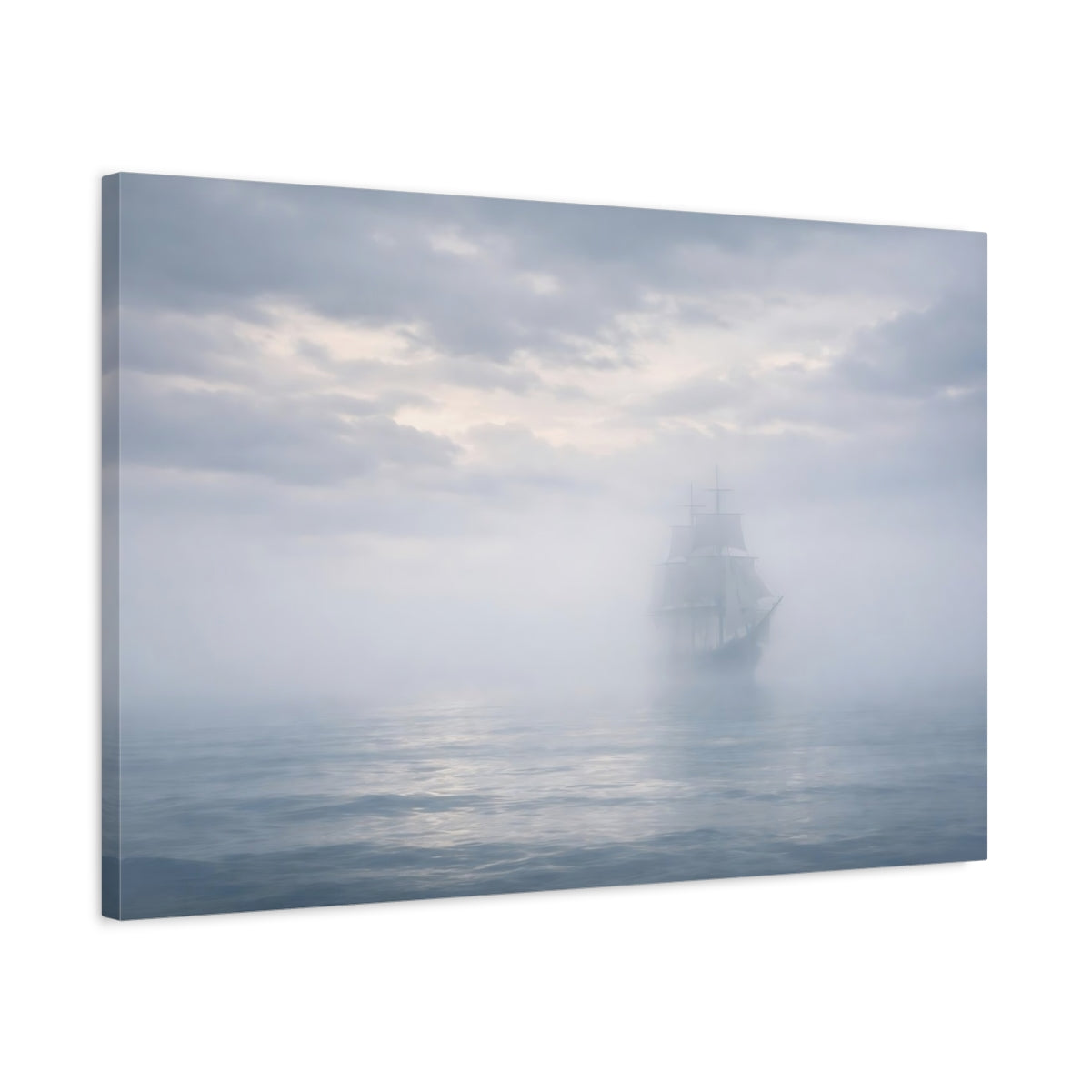 Side Mockup 2. Nature Sailing Ship Misty Ship shown as stretched canvas wall art