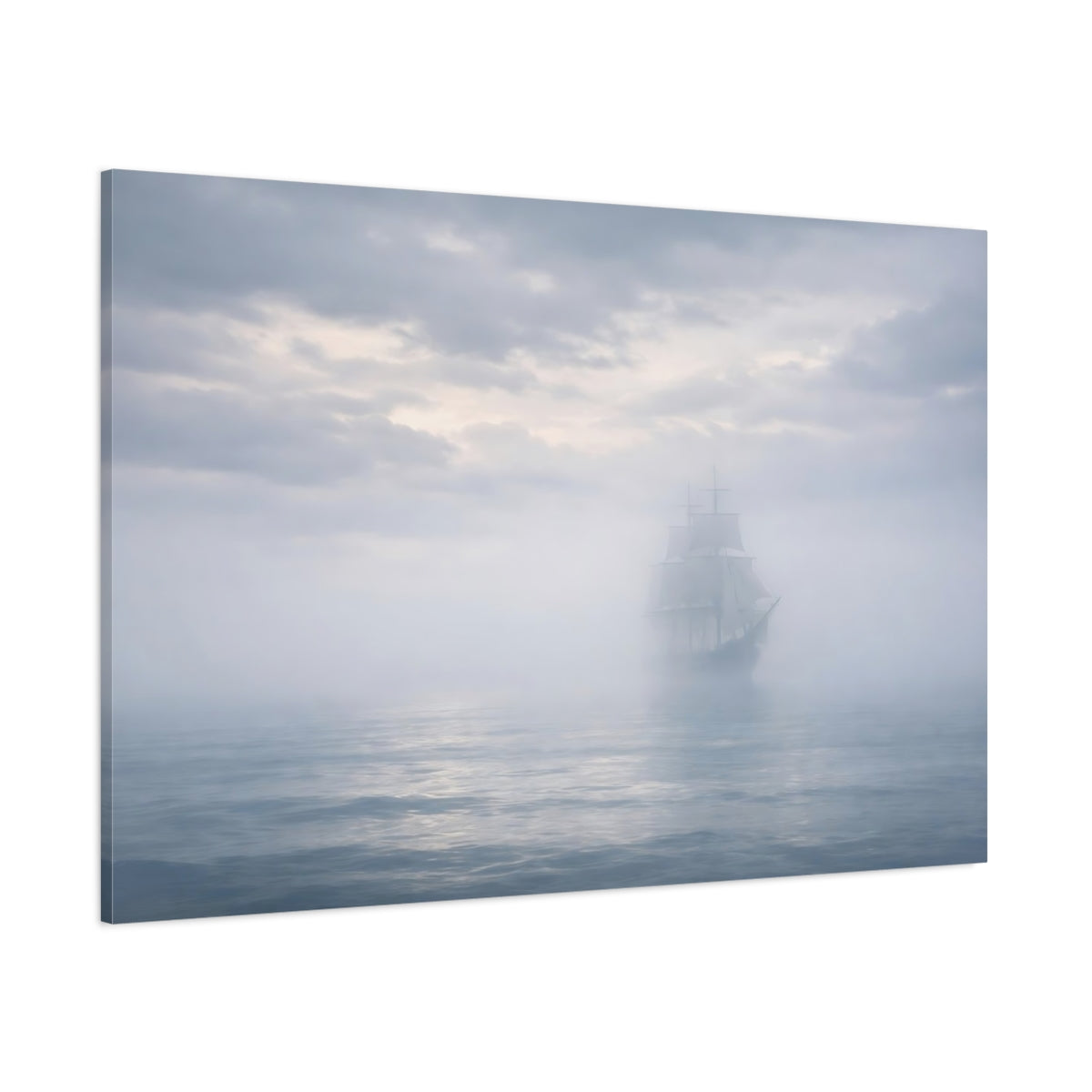 Side Mockup 1. Nature Sailing Ship Misty Ship shown as stretched canvas wall art