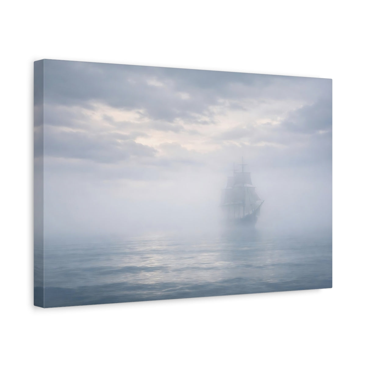 Side Mockup 4. Nature Sailing Ship Misty Ship shown as stretched canvas wall art