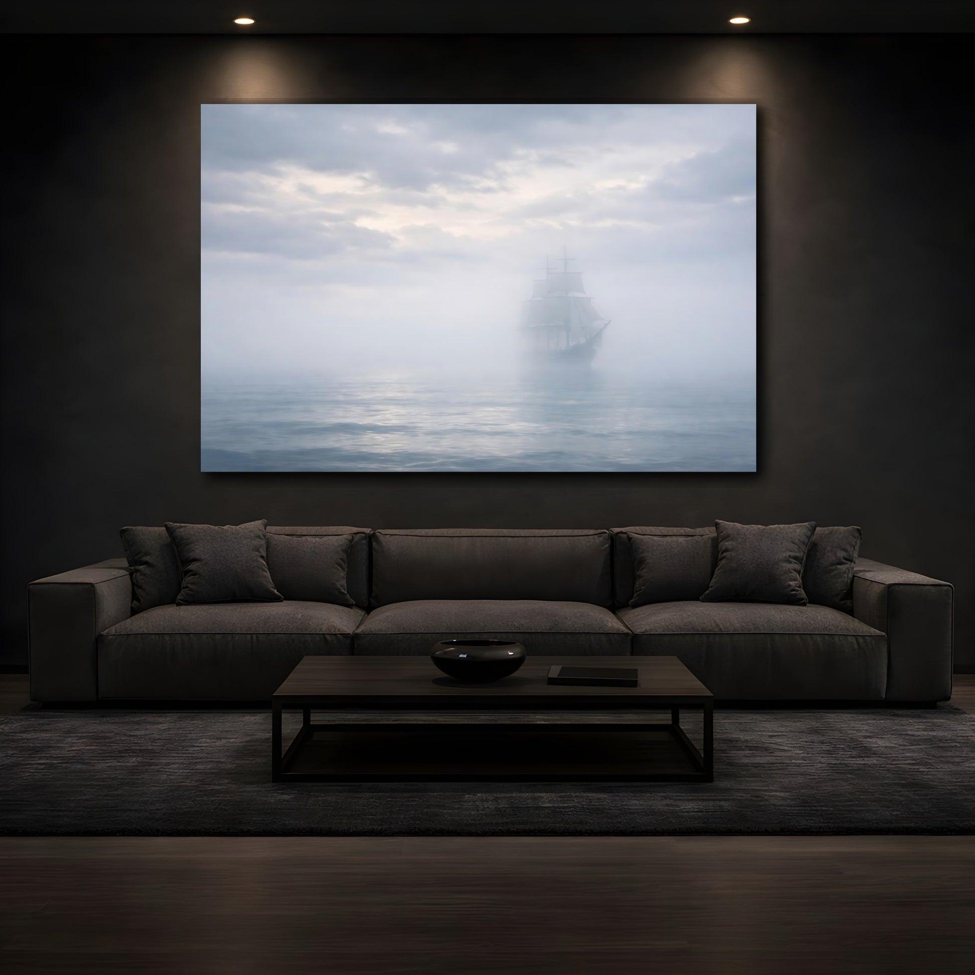 Mockup 2. Nature Sailing Ship Misty Ship shown as stretched canvas wall art