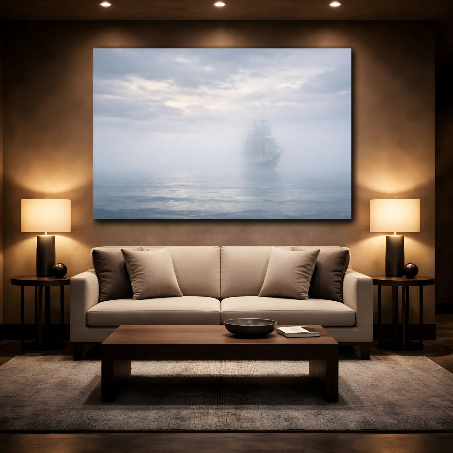 Mockup 3. Nature Sailing Ship Misty Ship shown as stretched canvas wall art