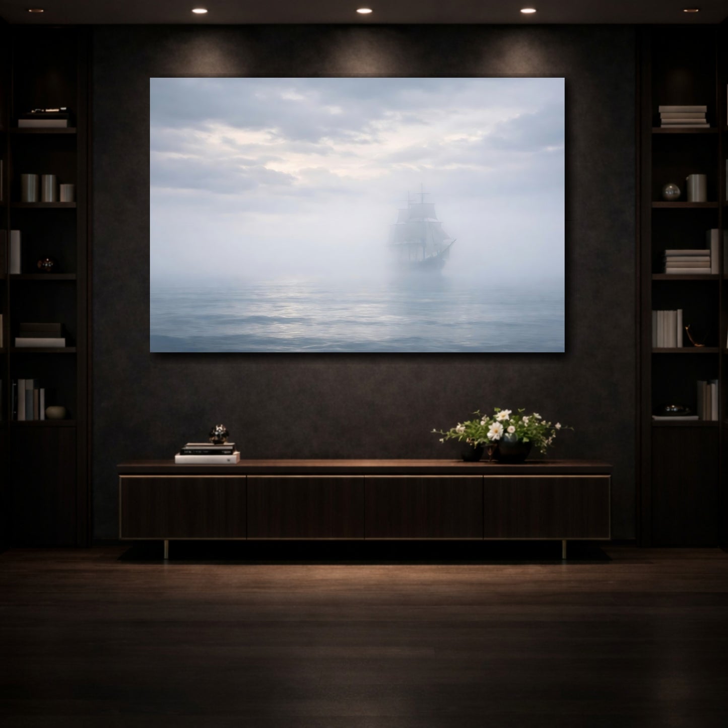Mockup 4. Nature Sailing Ship Misty Ship shown as stretched canvas wall art