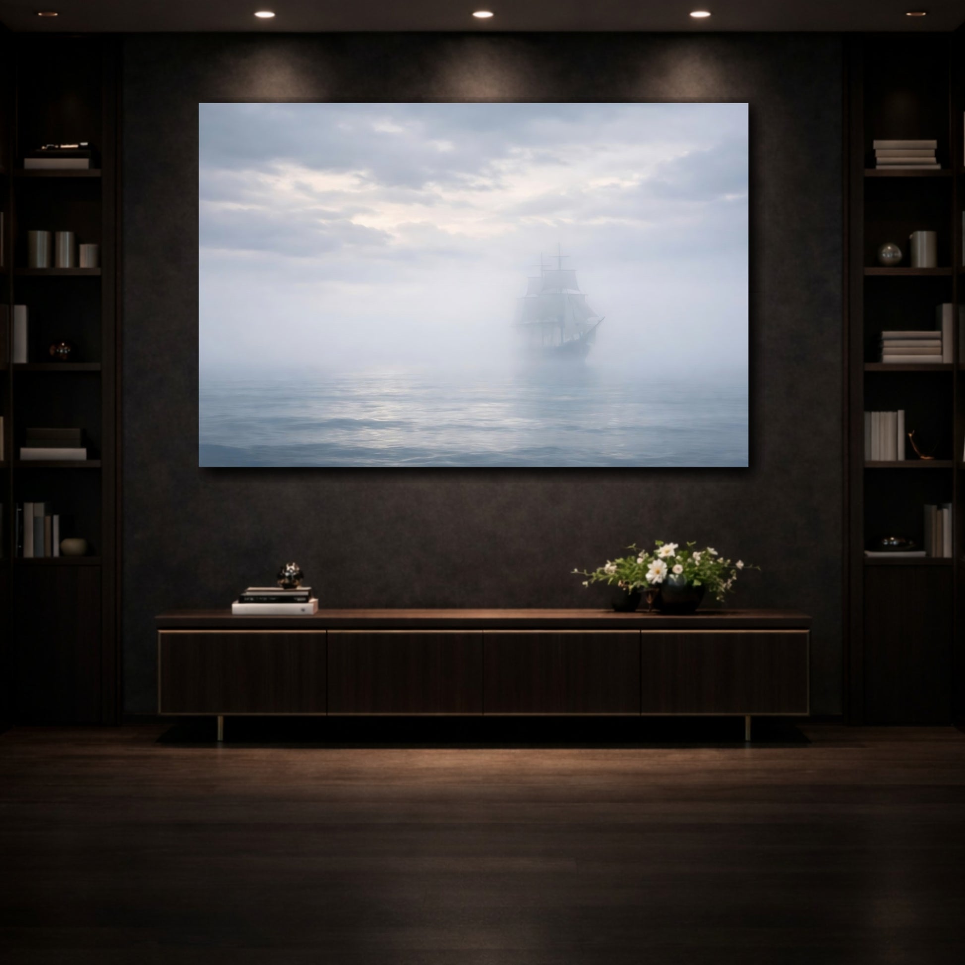 Mockup 4. Nature Sailing Ship Misty Ship shown as stretched canvas wall art