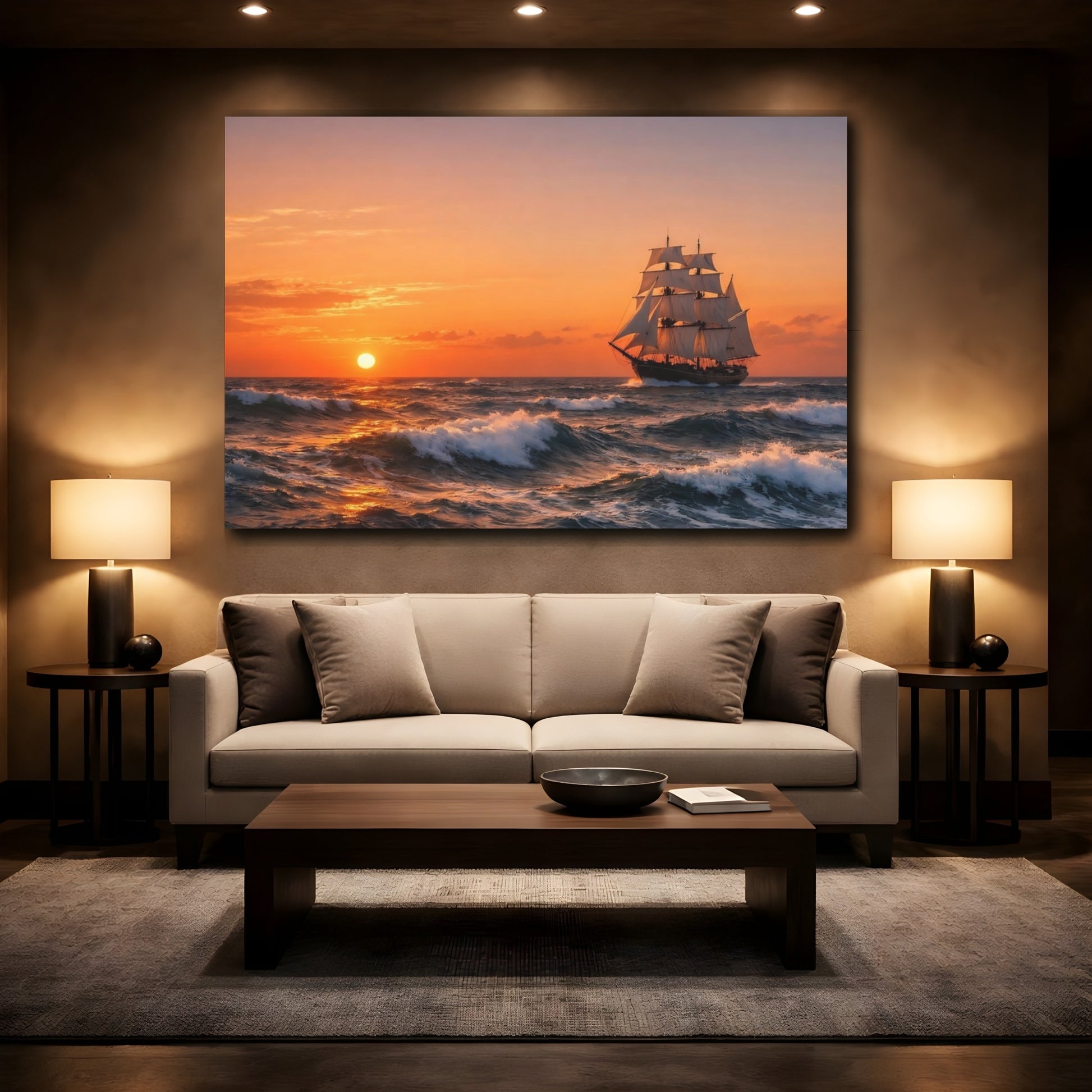 Mockup 2. Nature Sailing Ship Sailing Ship Sunset shown as stretched canvas wall art