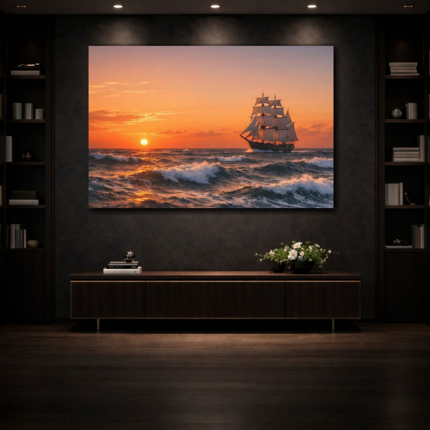Mockup 3. Nature Sailing Ship Sailing Ship Sunset shown as stretched canvas wall art