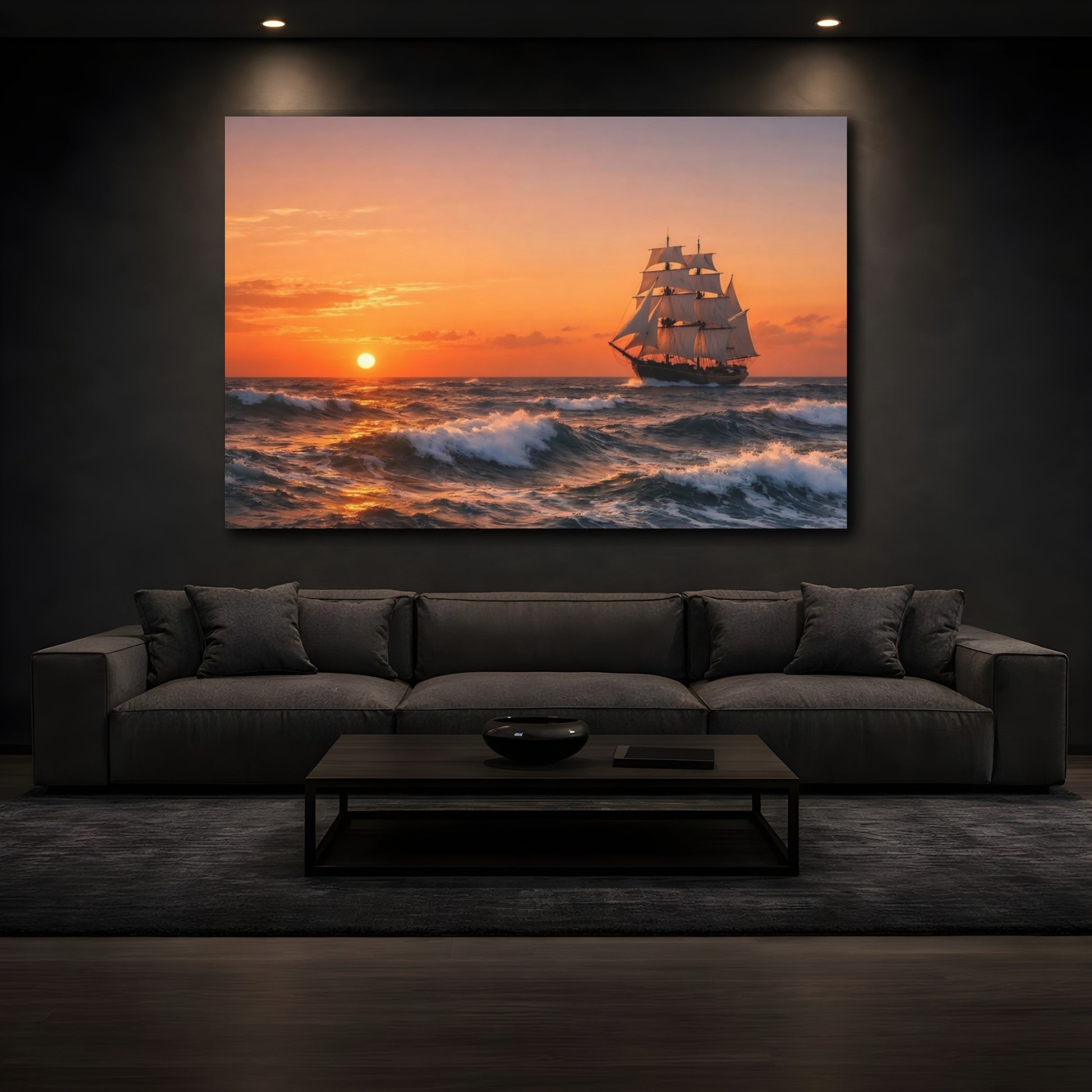 Mockup 4. Nature Sailing Ship Sailing Ship Sunset shown as stretched canvas wall art