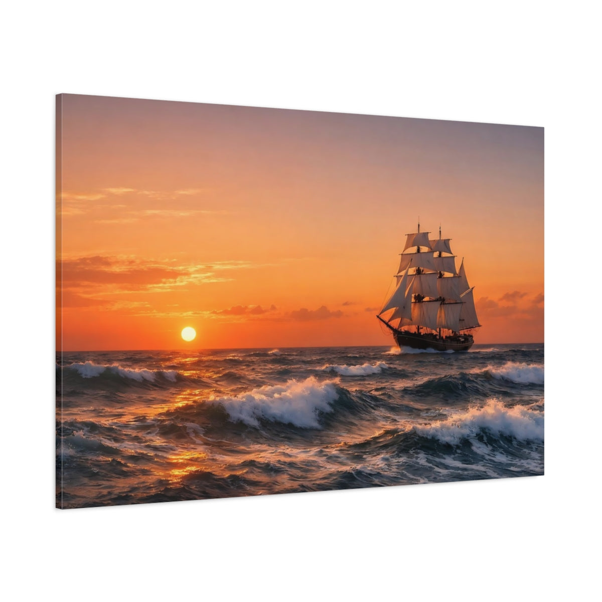 Side Mockup 1. Nature Sailing Ship Sailing Ship Sunset shown as stretched canvas wall art