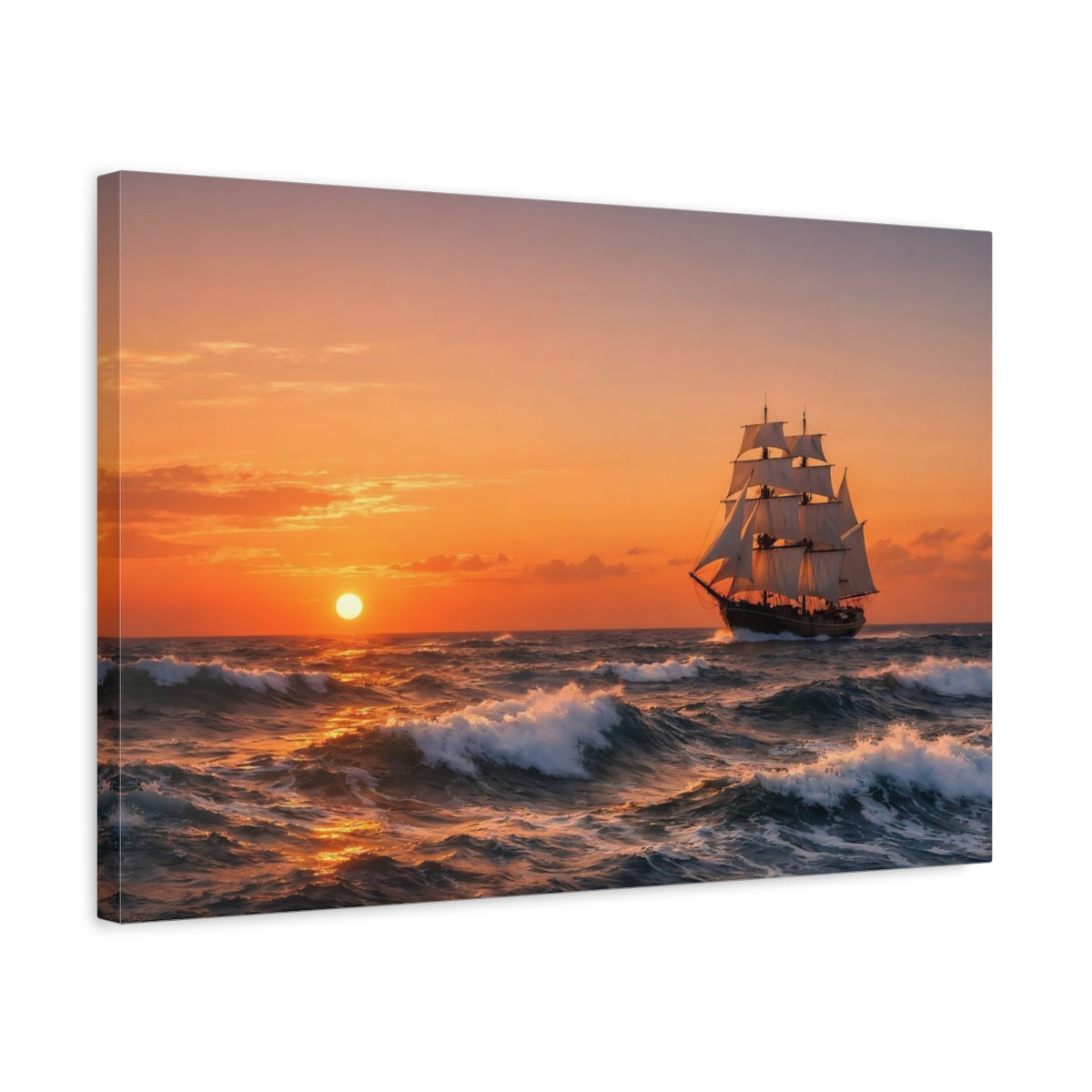 Side Mockup 3. Nature Sailing Ship Sailing Ship Sunset shown as stretched canvas wall art