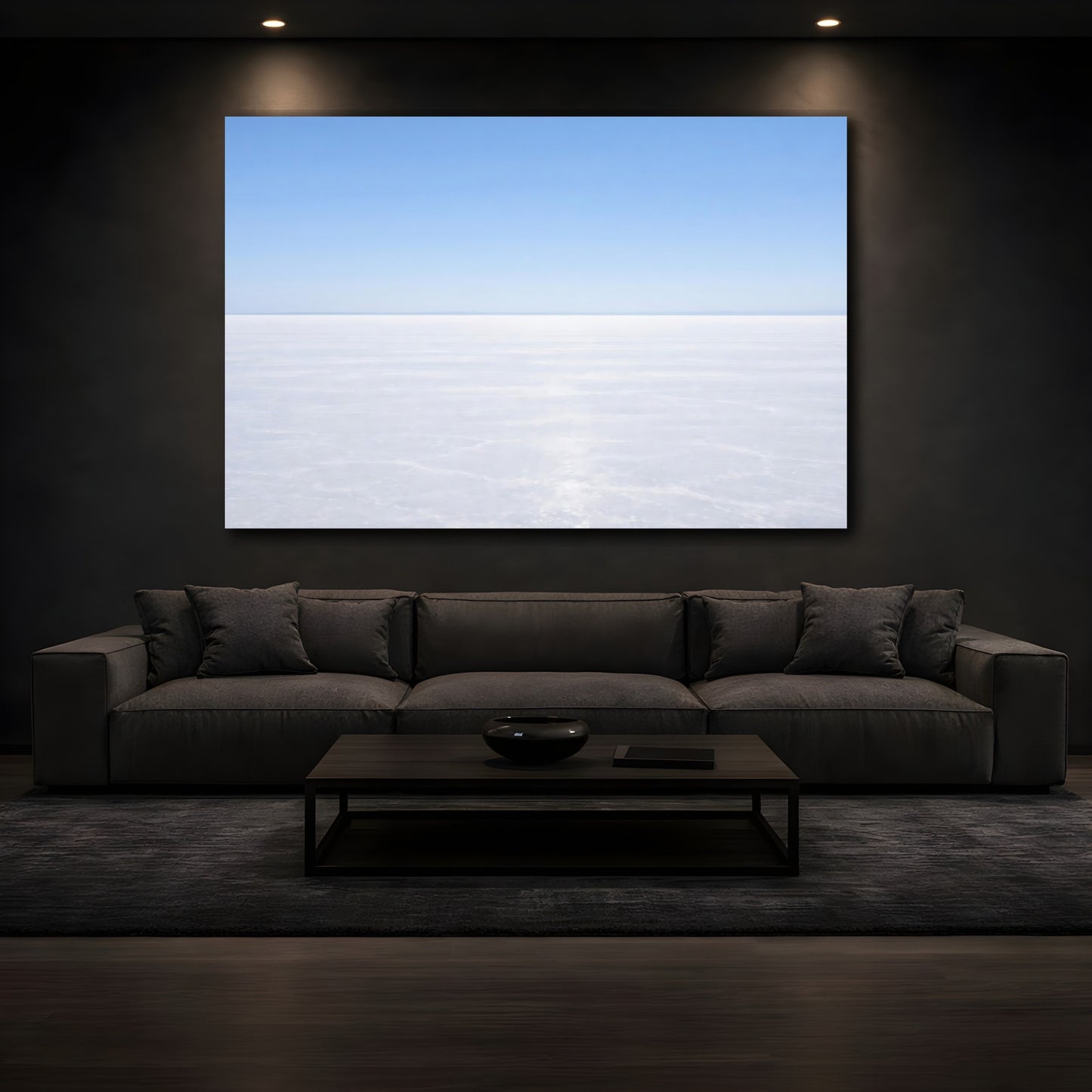 Mockup 2. Nature Salt Flat Blue And White Landscape shown as stretched canvas wall art