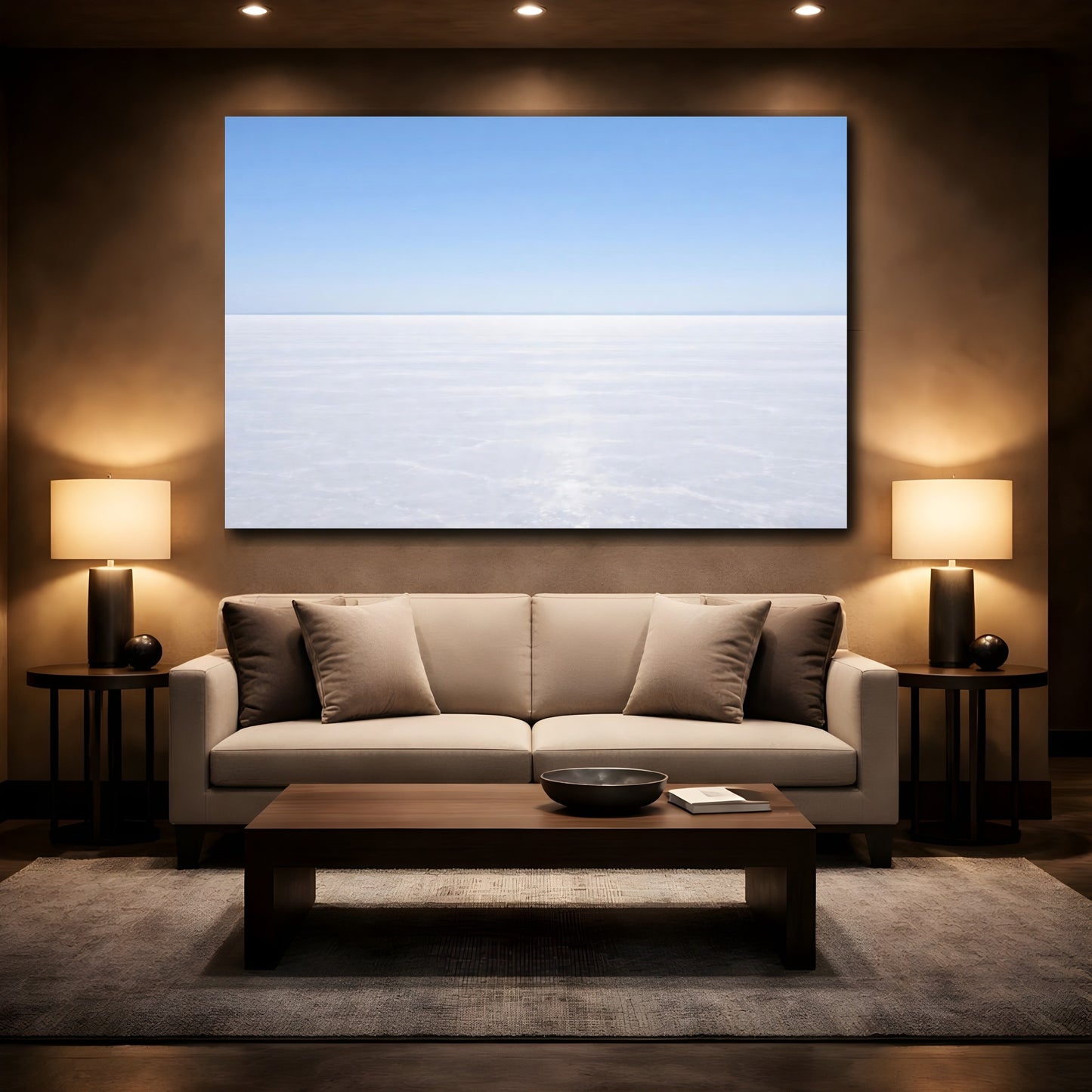 Mockup 3. Nature Salt Flat Blue And White Landscape shown as stretched canvas wall art