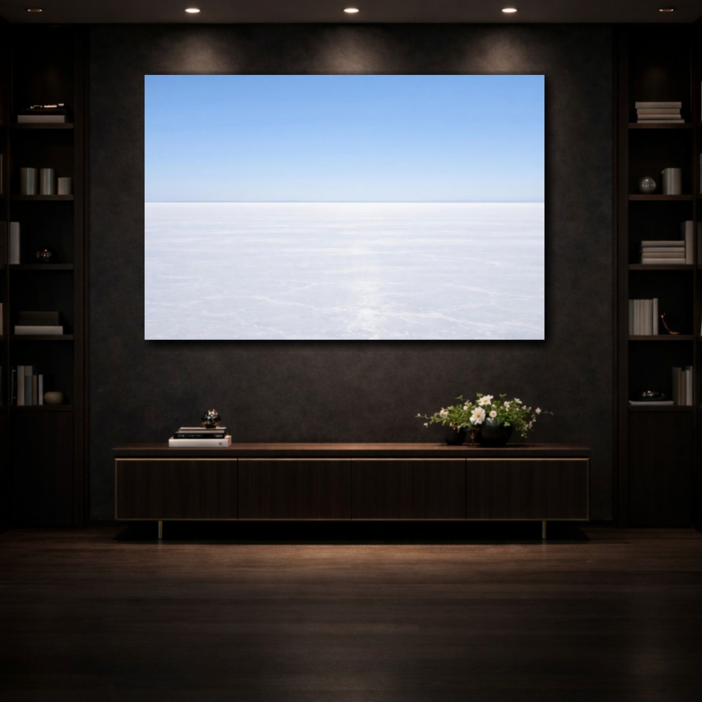 Mockup 4. Nature Salt Flat Blue And White Landscape shown as stretched canvas wall art