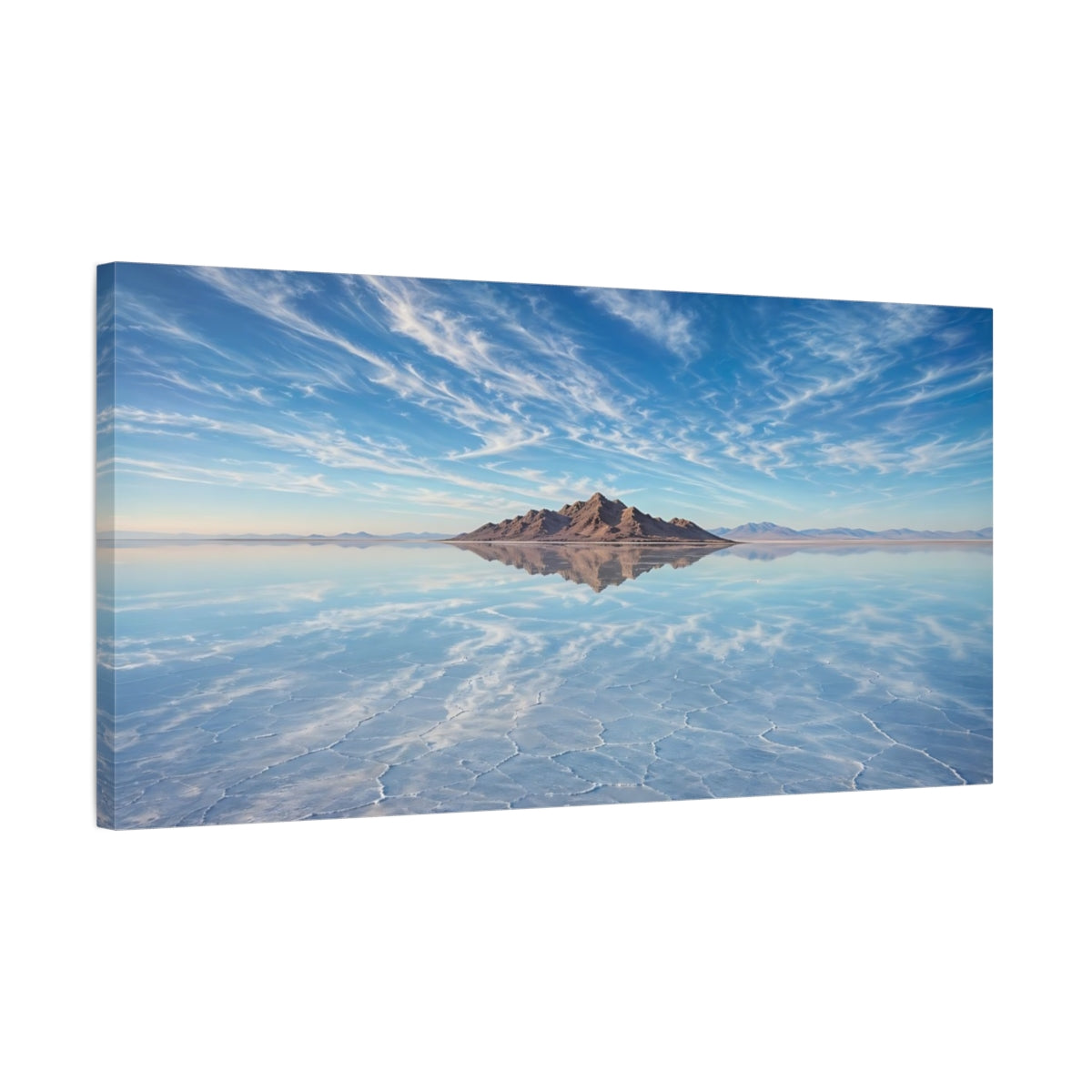 Side Mockup 1. Nature Salt Flat Blue Salt Flat shown as stretched canvas wall art