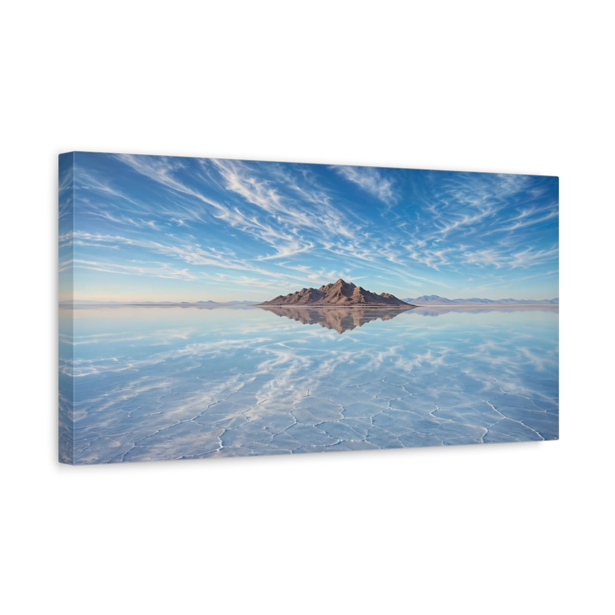 Side Mockup 3. Nature Salt Flat Blue Salt Flat shown as stretched canvas wall art