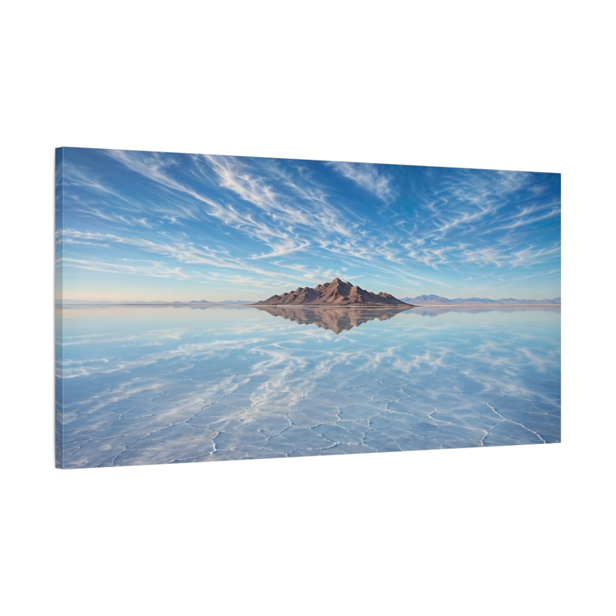 Main Mockup. Nature Salt Flat Blue Salt Flat shown as stretched canvas wall art