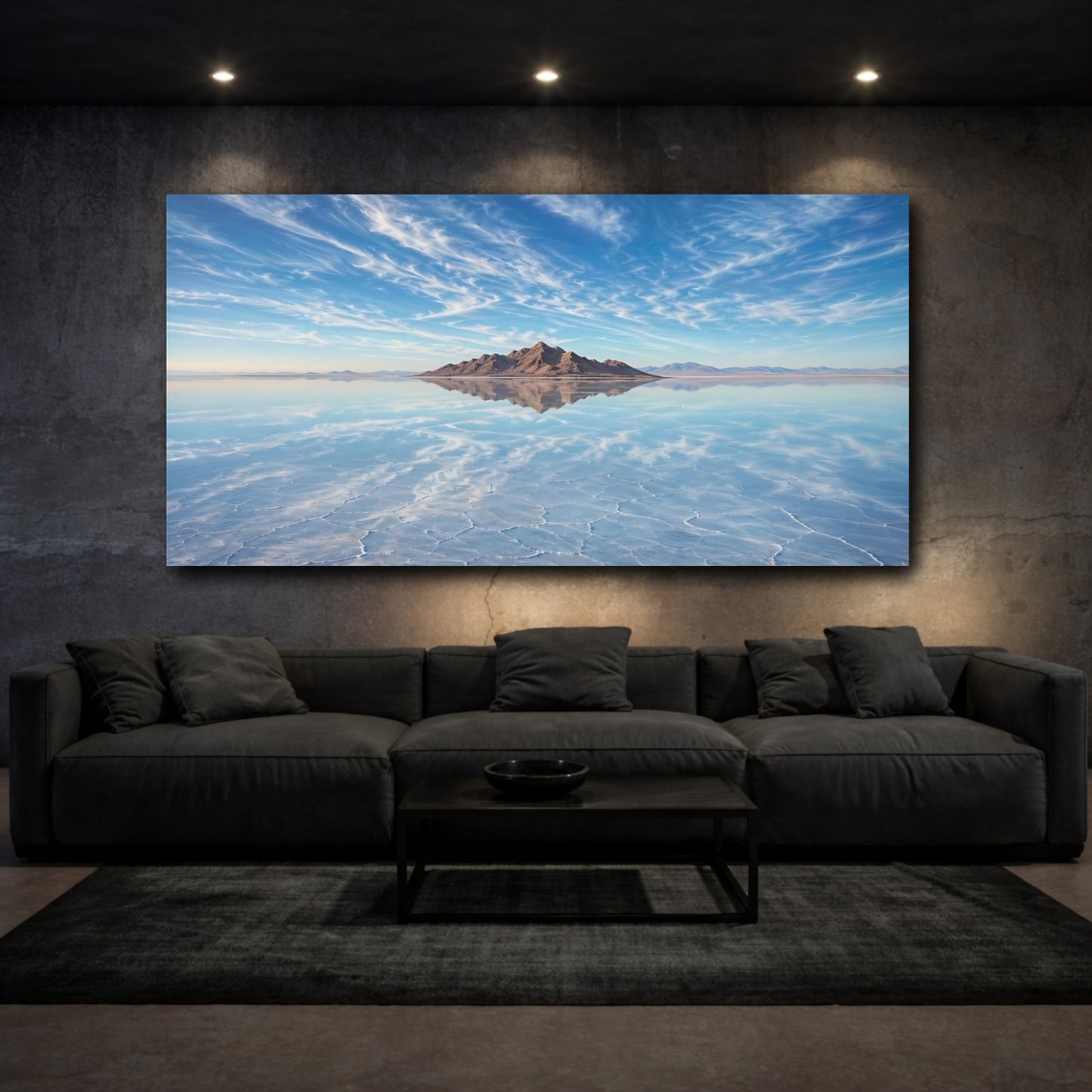 Mockup 2. Nature Salt Flat Blue Salt Flat shown as stretched canvas wall art