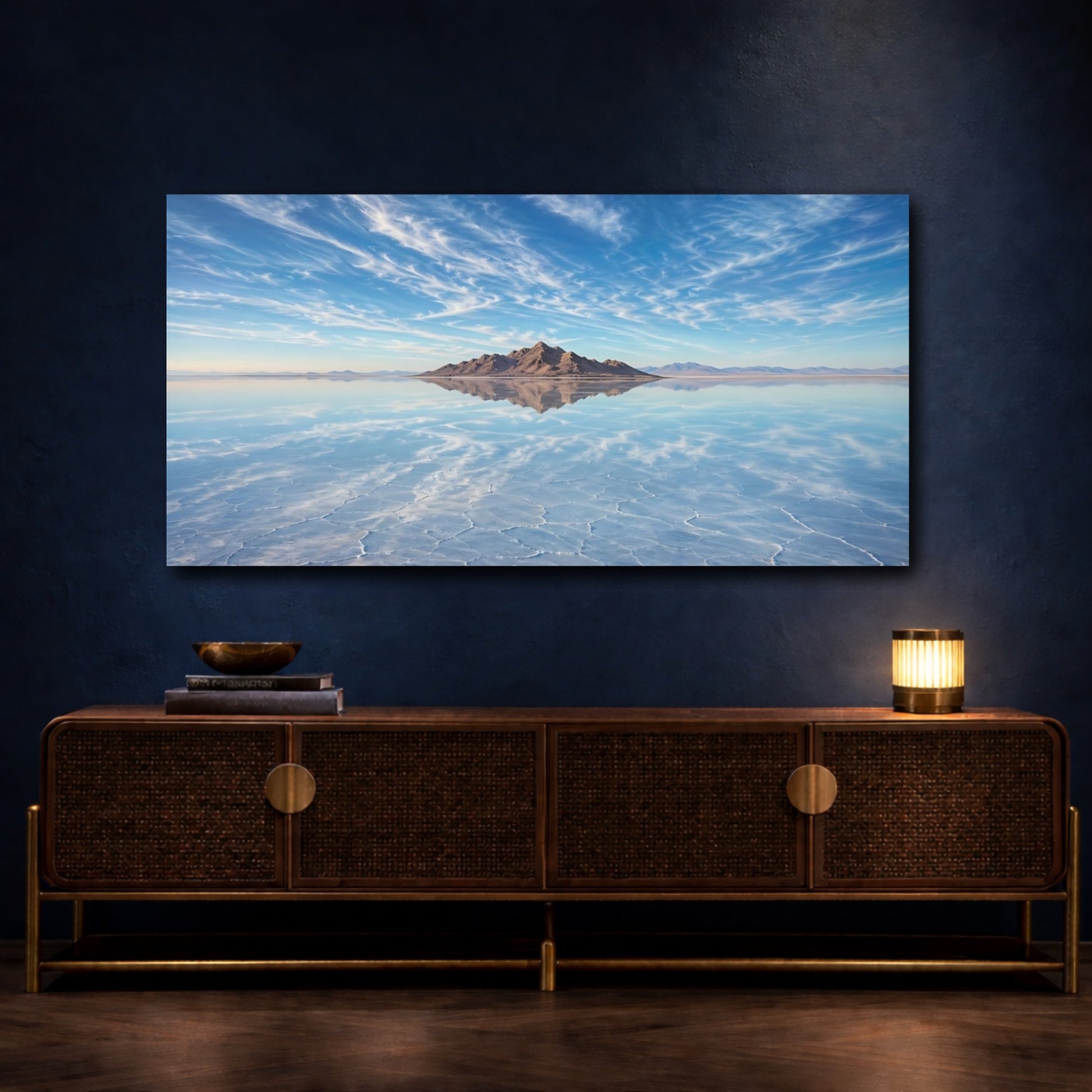 Mockup 3. Nature Salt Flat Blue Salt Flat shown as stretched canvas wall art