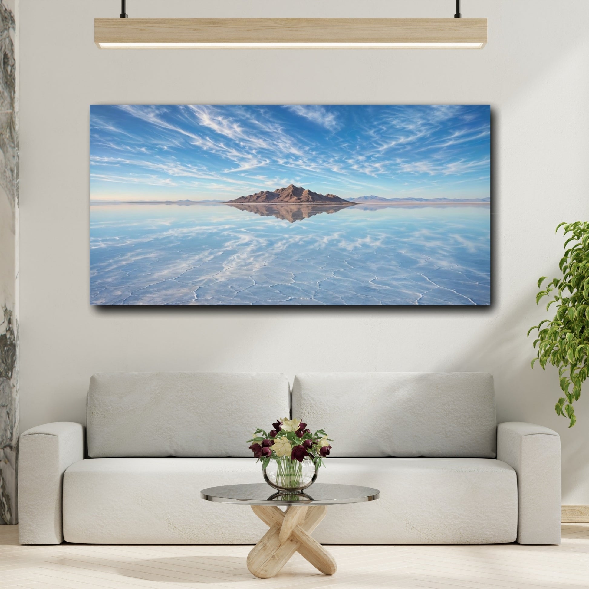 Mockup 4. Nature Salt Flat Blue Salt Flat shown as stretched canvas wall art