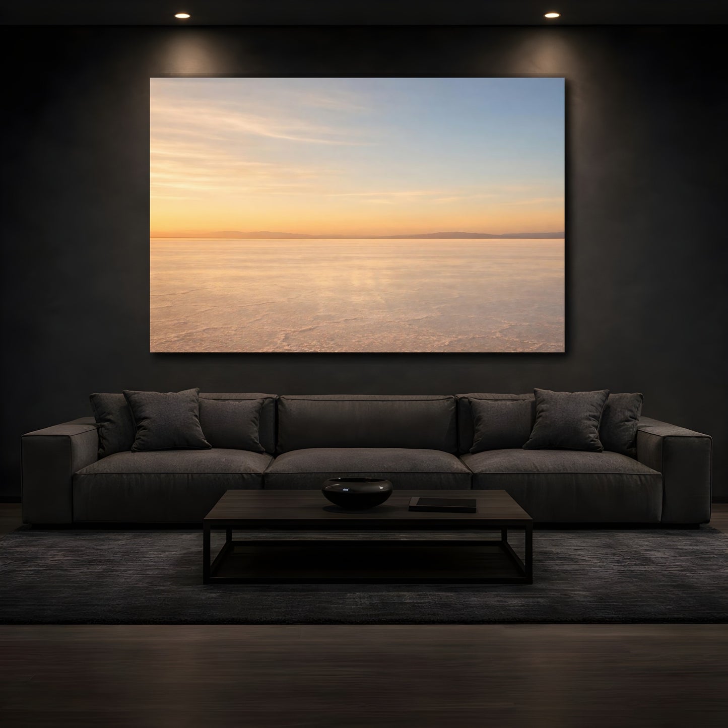 Mockup 2. Nature Salt Flat Orange Blue Landscape shown as stretched canvas wall art